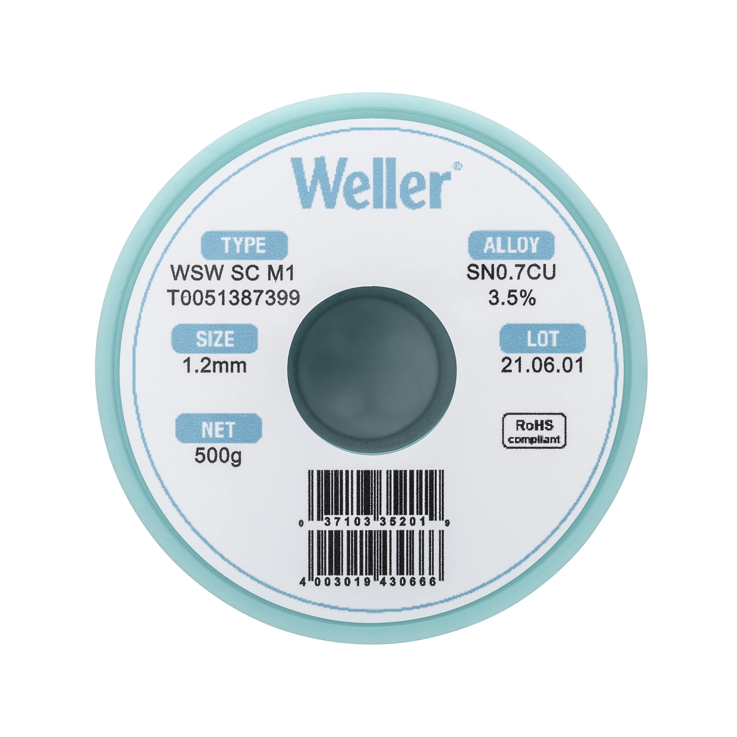 Weller M1 WSW (T0051387399) Lead Free Solder Wire, Dia: 1.2 mm / 0.047 in, Wt: 500 g / 17.637 oz, Alloy Sn99.3Cu0.7, Flux content 3.5%