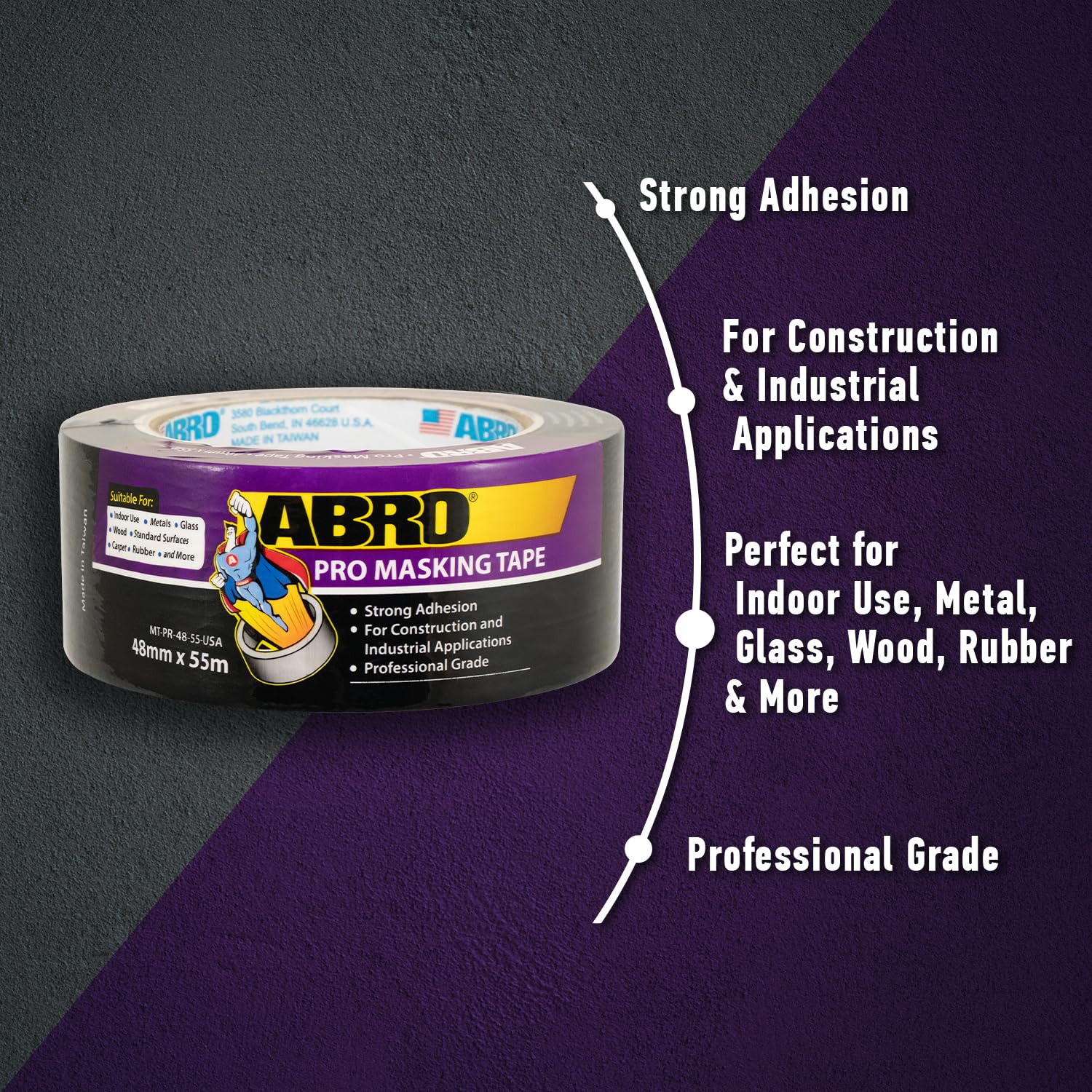 Masking Tape ABRO PRO, 24mm x 55M, All Purpose Natural Masking Tape for Temporary Labeling and Marking, Easy Tear, Clean Removal, Painters Tape for DIY and Professional Uses - Natural