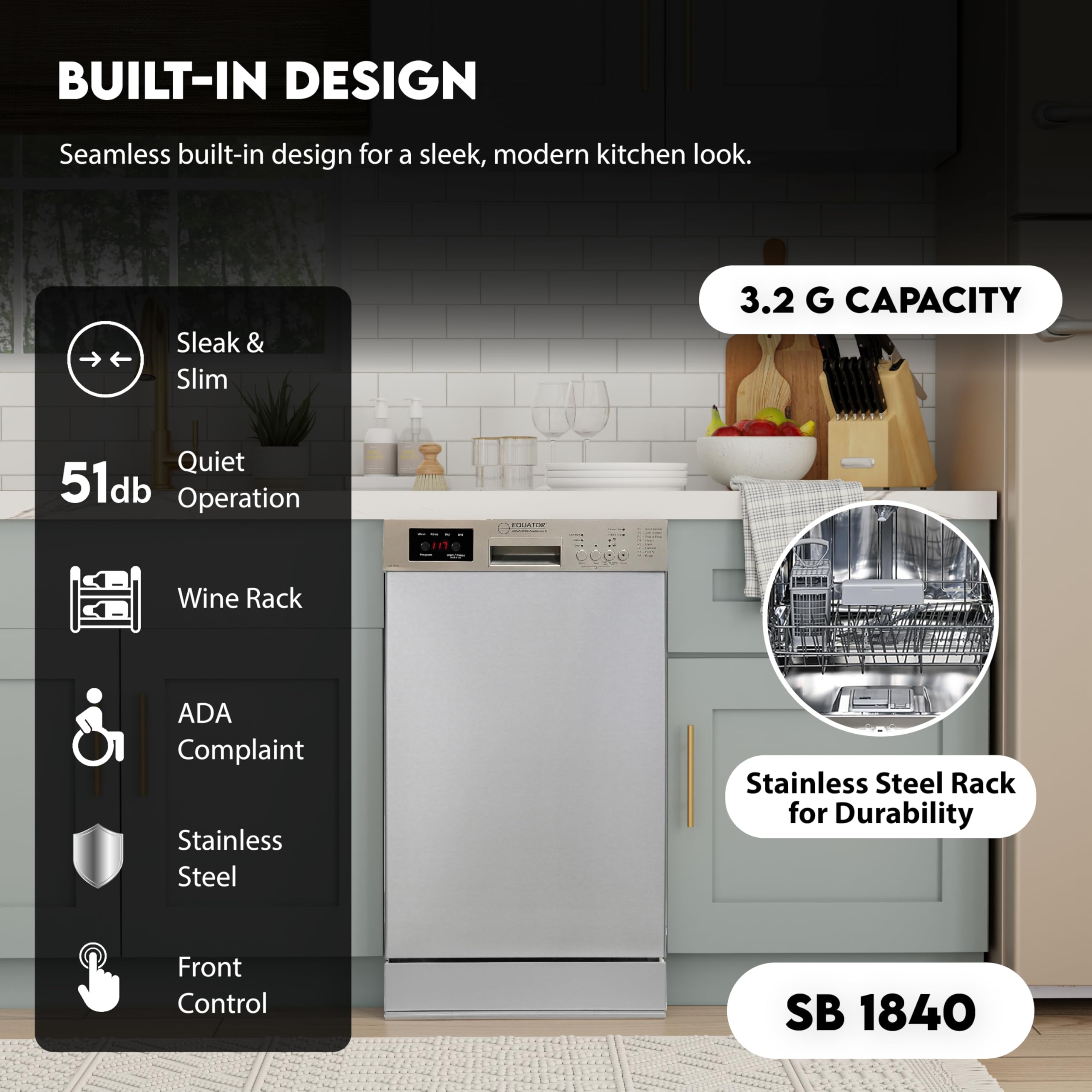 18 in Equator Dishwasher 10 place+Wine Rack 3.4g QUIET 51 dB 110V E-Star ADA in Silver