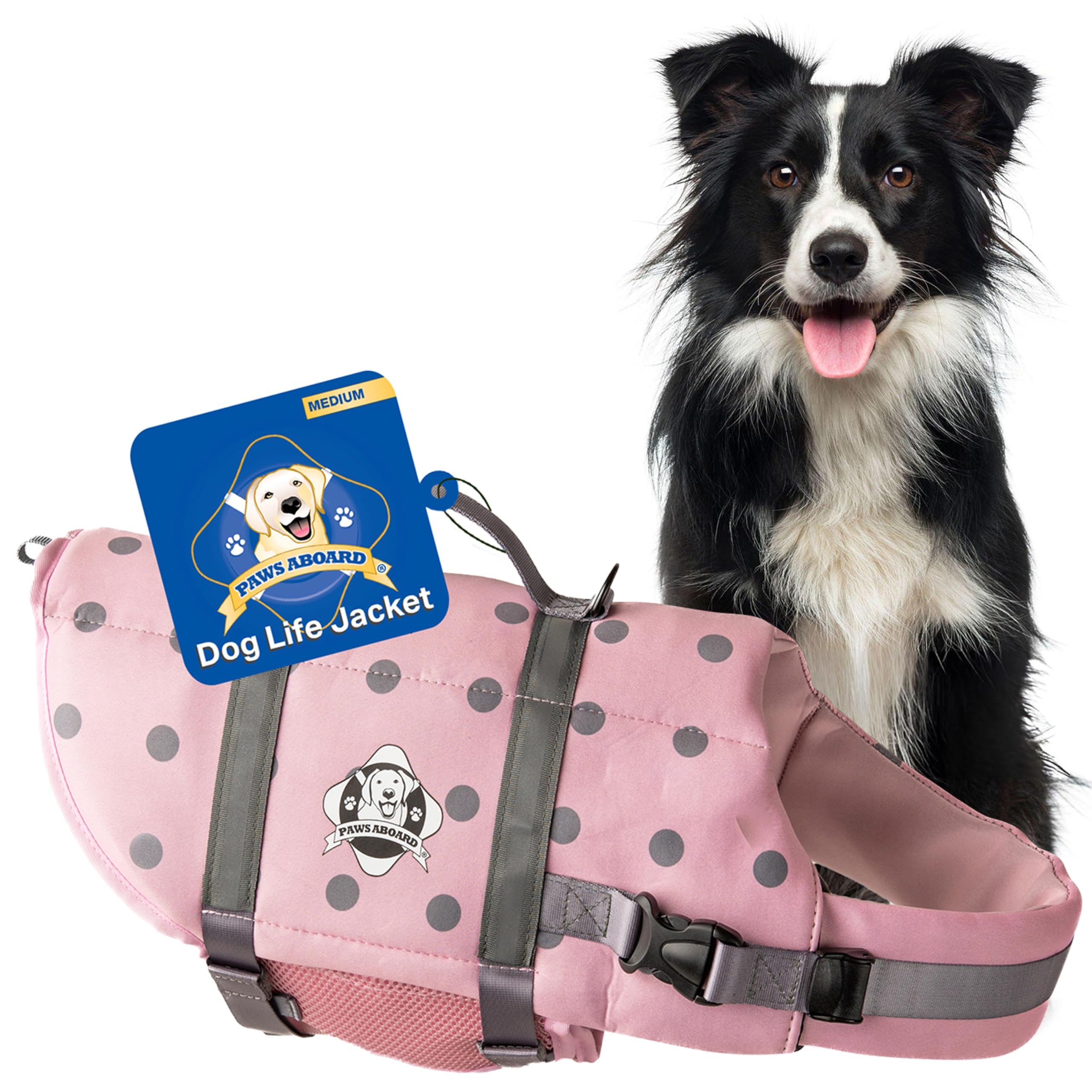 Dog Life Jacket Paws Aboard - Swimming Vest for Dogs, Adjustable, Reflective, Comfortable, Multiple Colors, Patterns, XX-Small to Extra Large Dog Swim Vest with Handle (Pink/Silver, Medium)