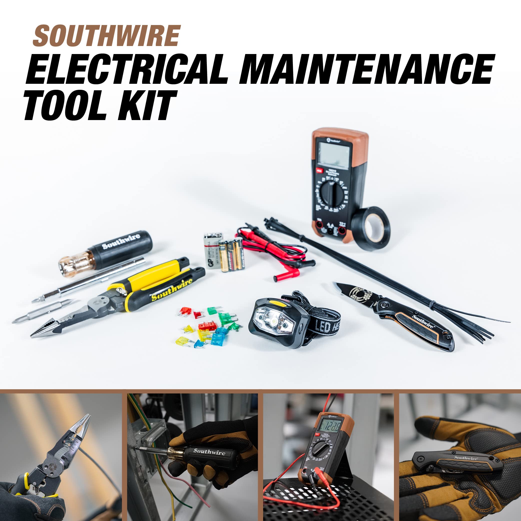 Electrical Tool Kit including Multi-Tool Pliers, Multimeter, Multi-Bit Screwdriver, Compact Pocket Knife, LED Headlamp, Buss Blade Fuses, Zip Ties, and Electrical Tape