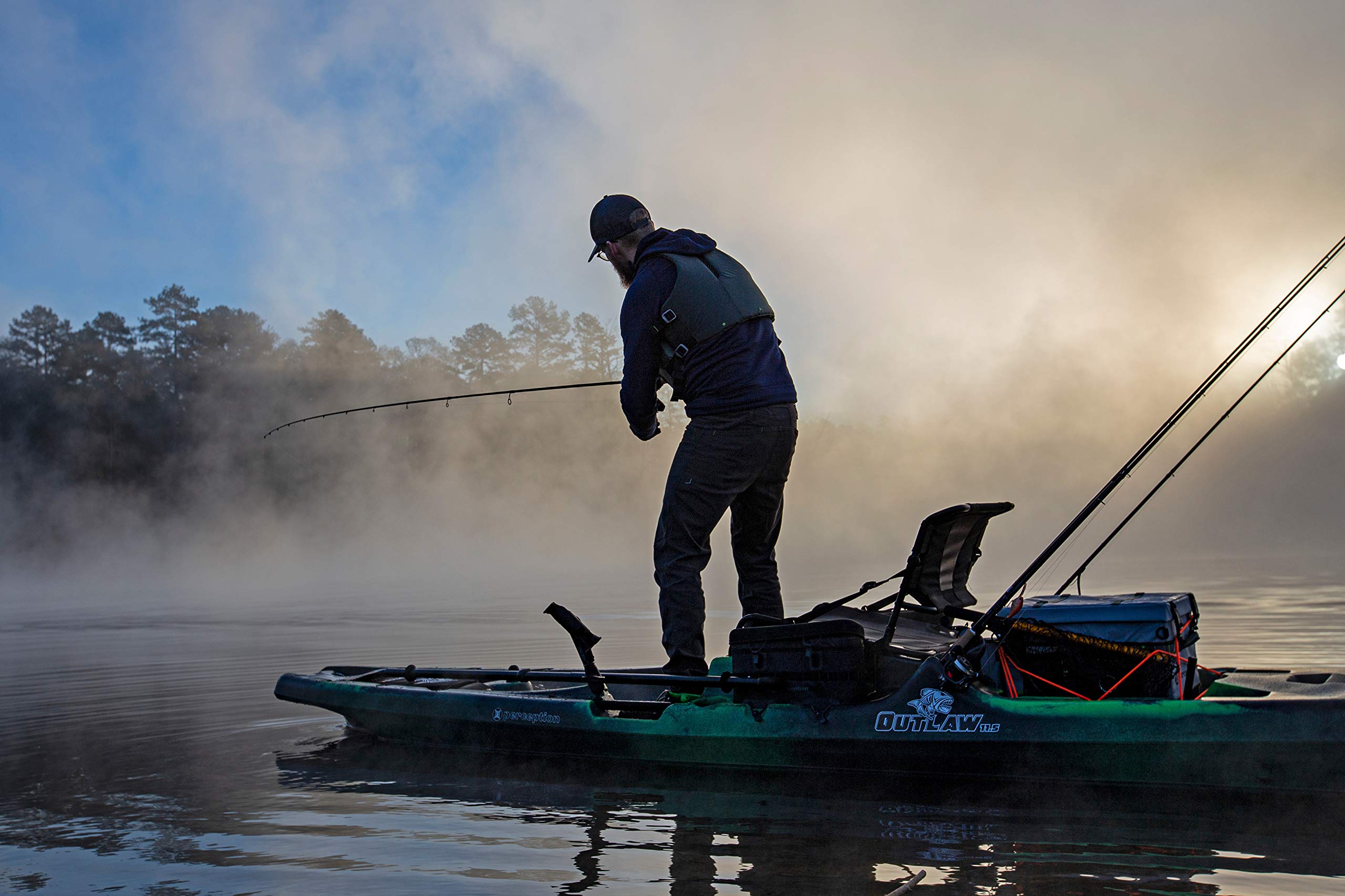 Outlaw 11.5 Perception Kayaks - Sit on Top Fishing Kayak - Fold Away Lawn Chair Seat - 4 Rod Holders - Integrated Tackle Trays - 11.5 ft - Moss Camo