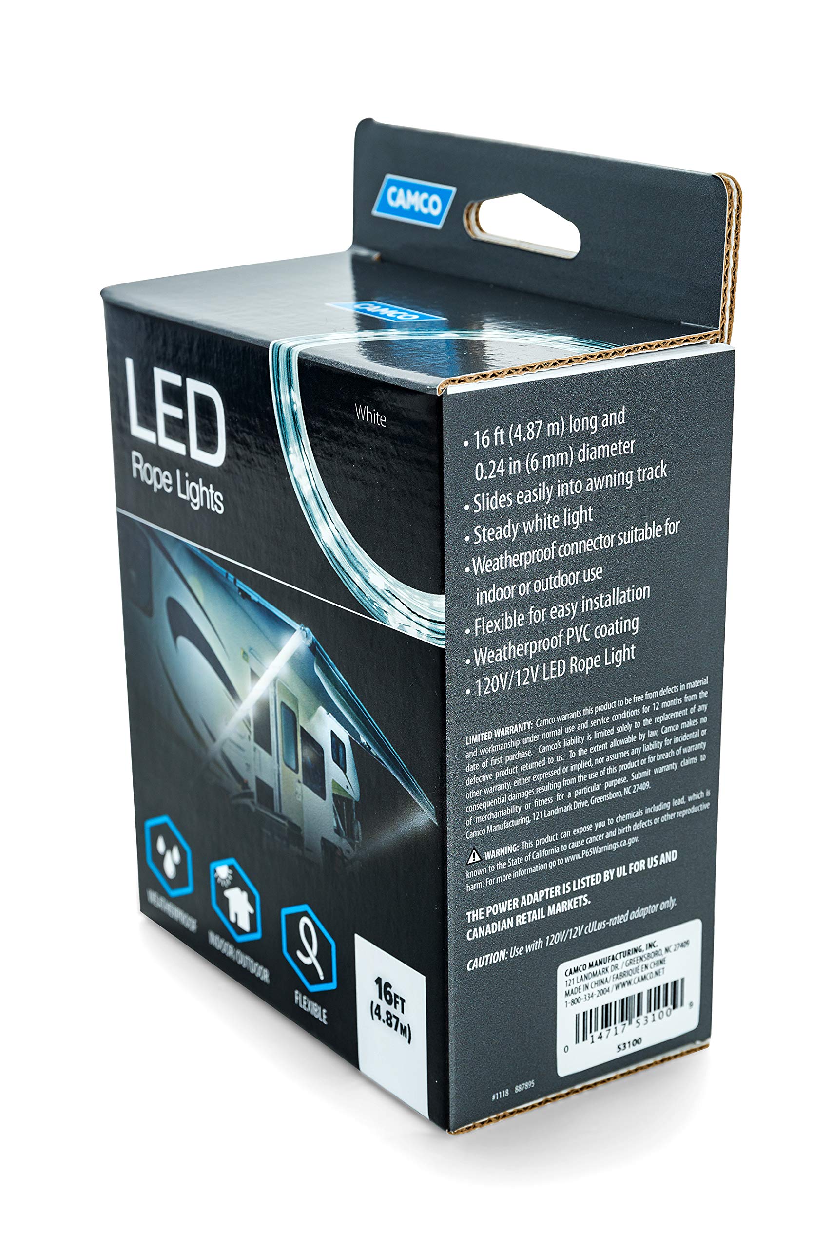 Camco 16' LED Rope Light - RV and Camper Interior and Exterior Lighting for Special Occasions and Outdoor Events, Fits Into Your RV Awning Track (53100), White