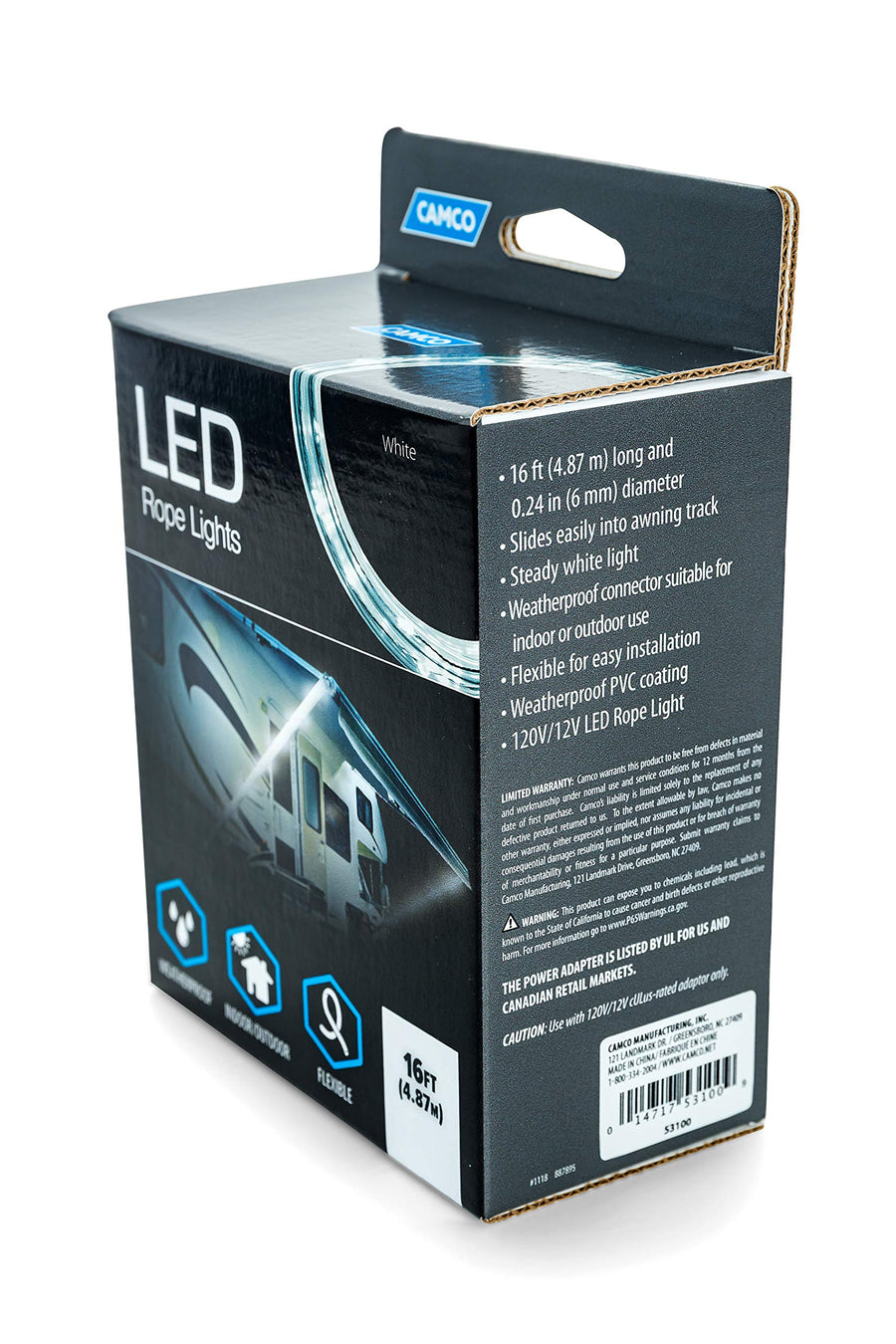 Camco 16' LED Rope Light - RV and Camper Interior and Exterior Lighting for Special Occasions and Outdoor Events, Fits Into Your RV Awning Track (53100), White