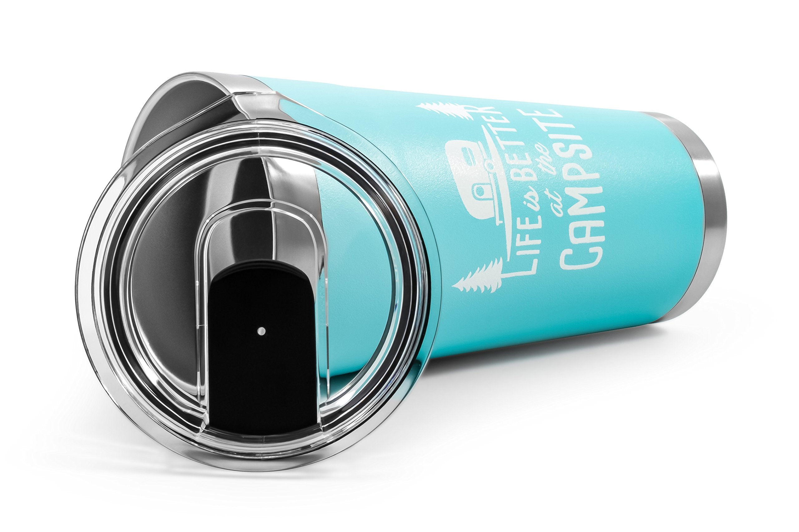 Tumbler Camco Life is Better at The Campsite | Heavy Duty Double Wall Vacuum Insulation | Crafted of 18/8 Stainless Steel | Unique “Life is Better at The Campsite” Design on Cool Blue | 20-oz (53057)