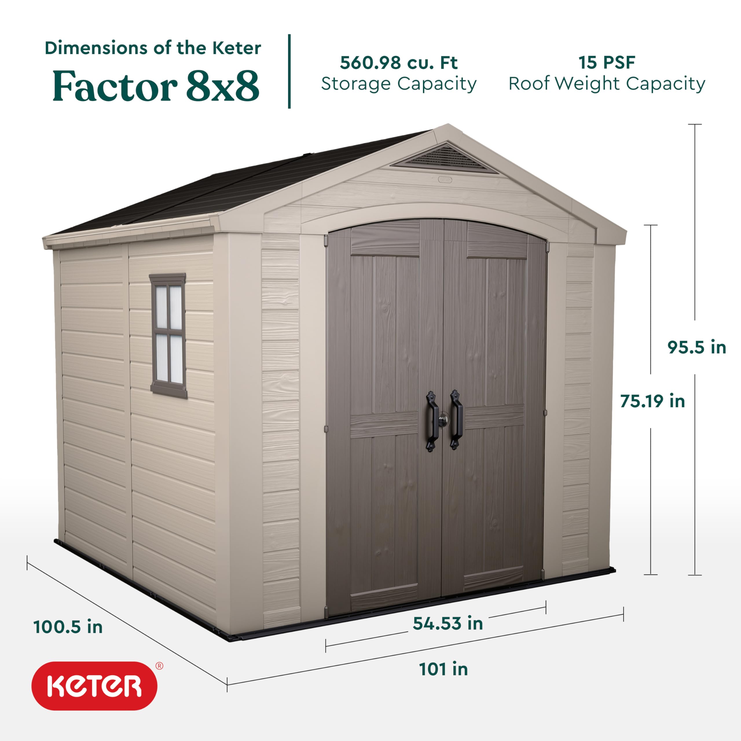 Keter 8x8 Foot Factor Large Resin Outdoor Shed with Floor for Patio Furniture, Lawn Mower, and Bike Storage, Taupe & Brown