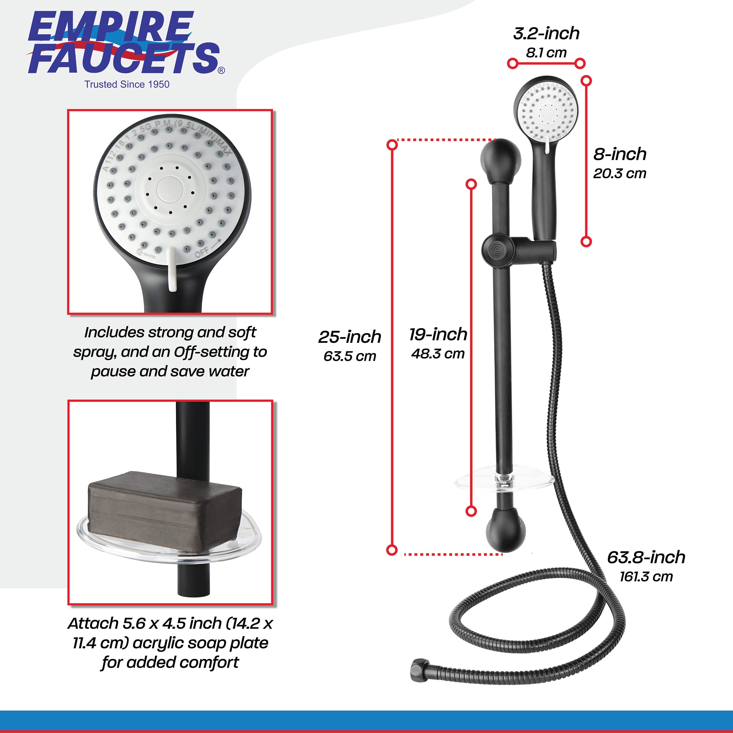 Empire Faucets 21" Durable Metal RV Shower Slide Bar - MB-SLDBR-BM-MTL-2-E Black Matte