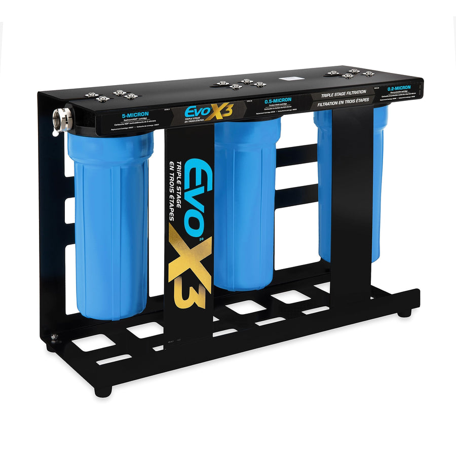 Camco Evo X3 Premium Triple Stage Camper/RV Water Filter Kit | Features 3 Replaceable Cartridges to Remove Sediments, Chlorine, Bad Tastes, Odors, Viruses, Bacteria, Contaminates, and More (40649)