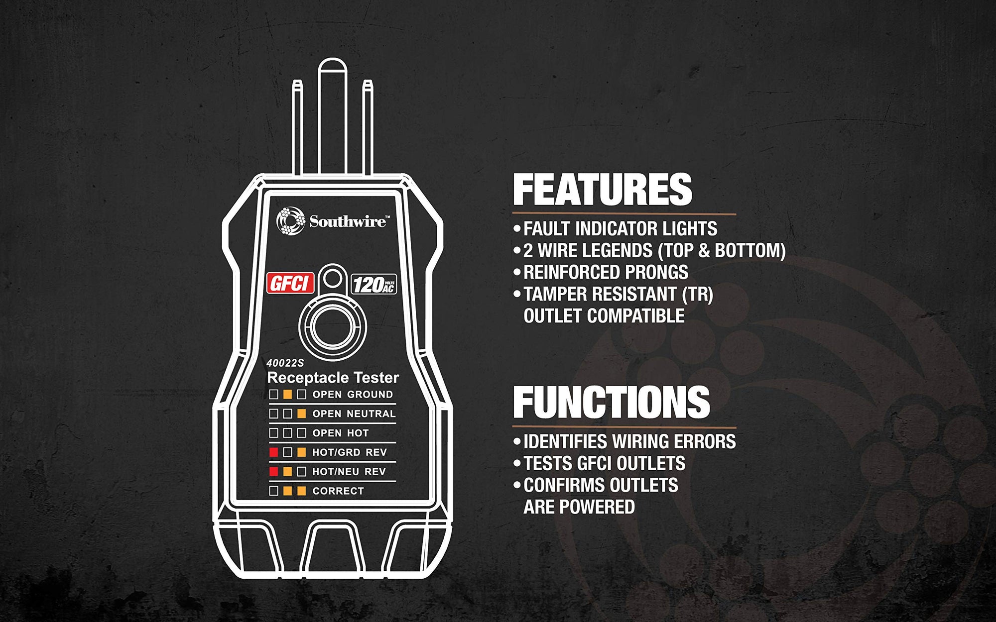 GFCI Receptacle Tester Southwire - Push-Button Outlet Tester for Fast & Accurate Wiring Checks - Compact & Durable Housing - 7 Test Functions