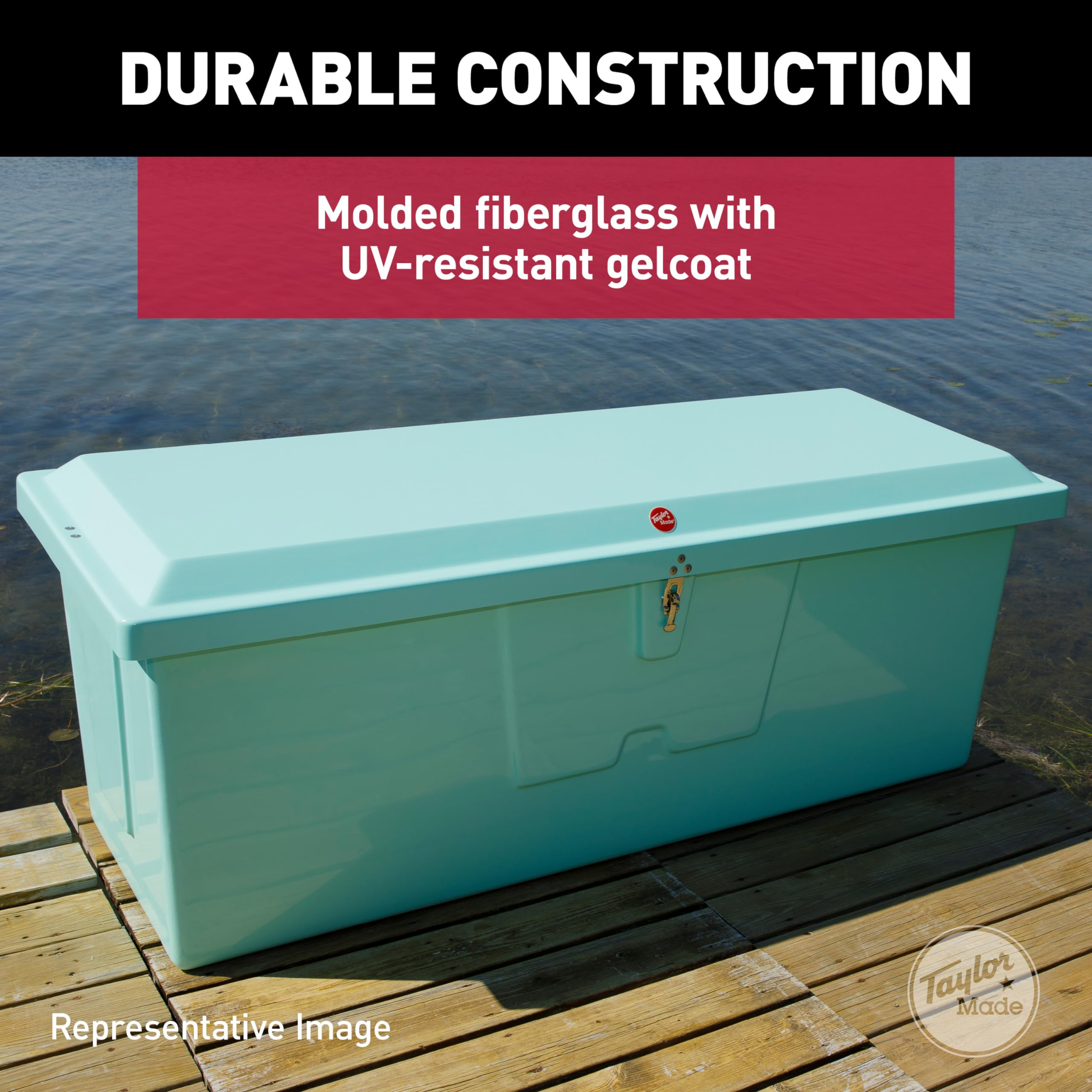 Taylor Made Deep Fiberglass Stow N’ Go Dock Box, Medium (27"H X 72"W X 26"D), Seafoam Green, Smooth Interior Finish, Lockable Latch, Stainless-Steel Hardware - 83554SF
