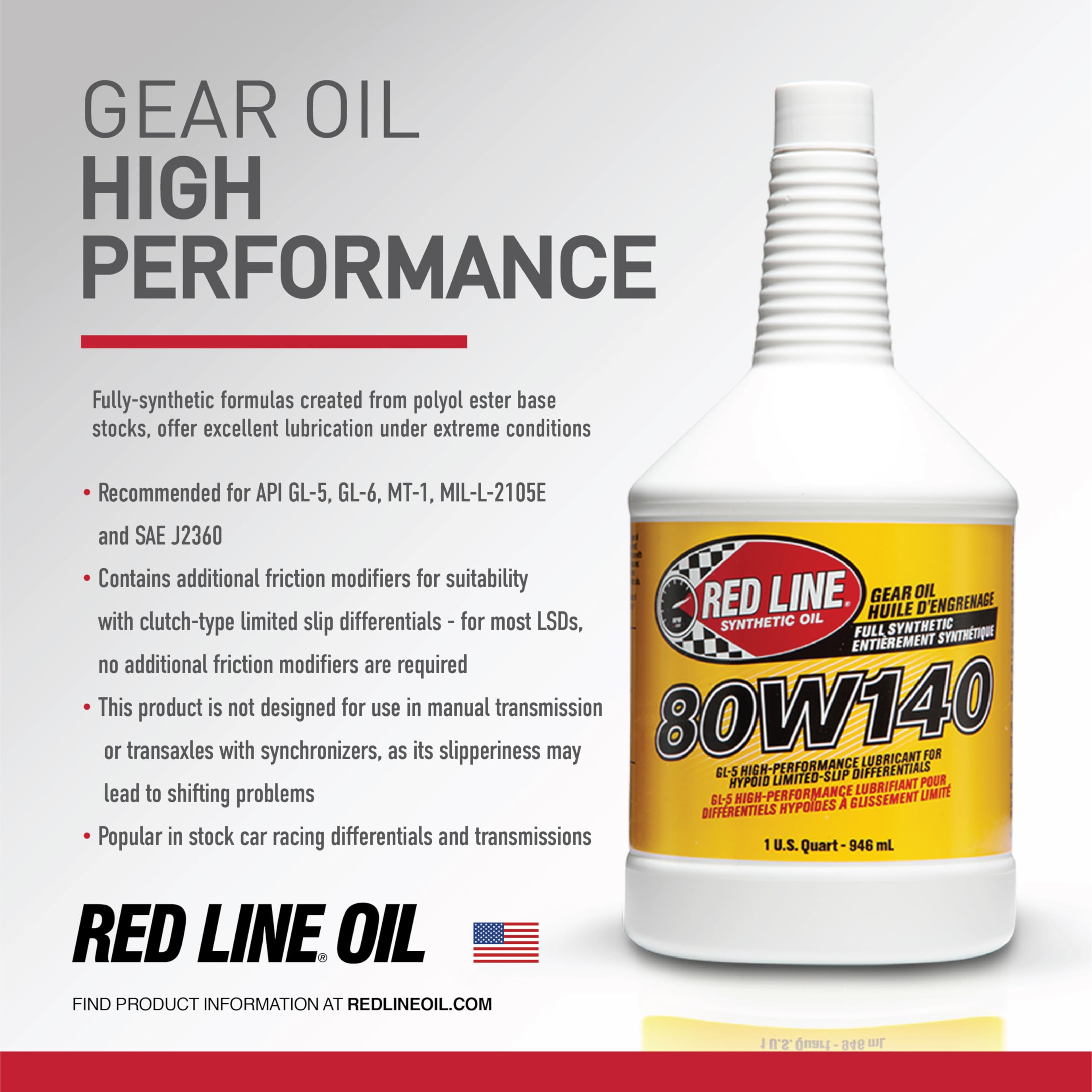 Red Line 80W140 58108 GL-5 Synthetic Gear Oil for Hypoid Limited Slip Differentials - 55 Gallon Drum