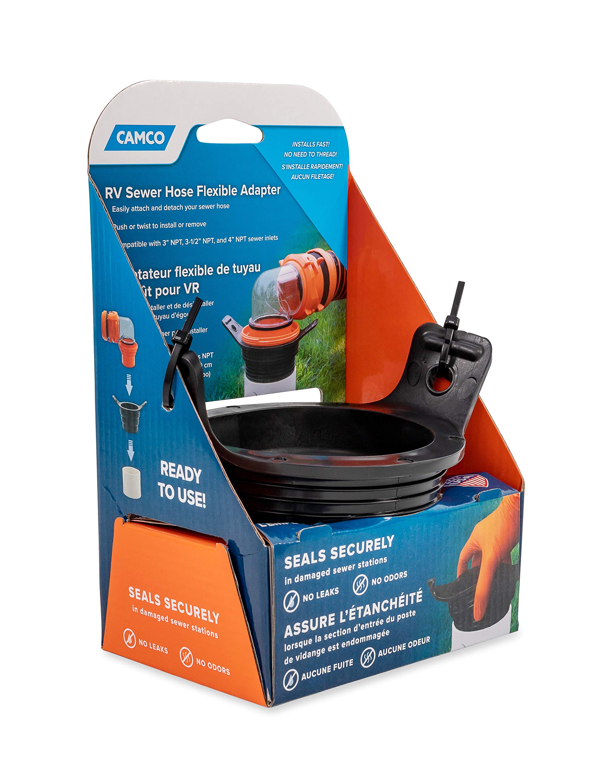 3-in-1 Camco Flexible Sewer Hose Seal, Black - Makes Connection to RV Sewer Hose Inlets Easier - Features Wings for Easy Removal (39317)