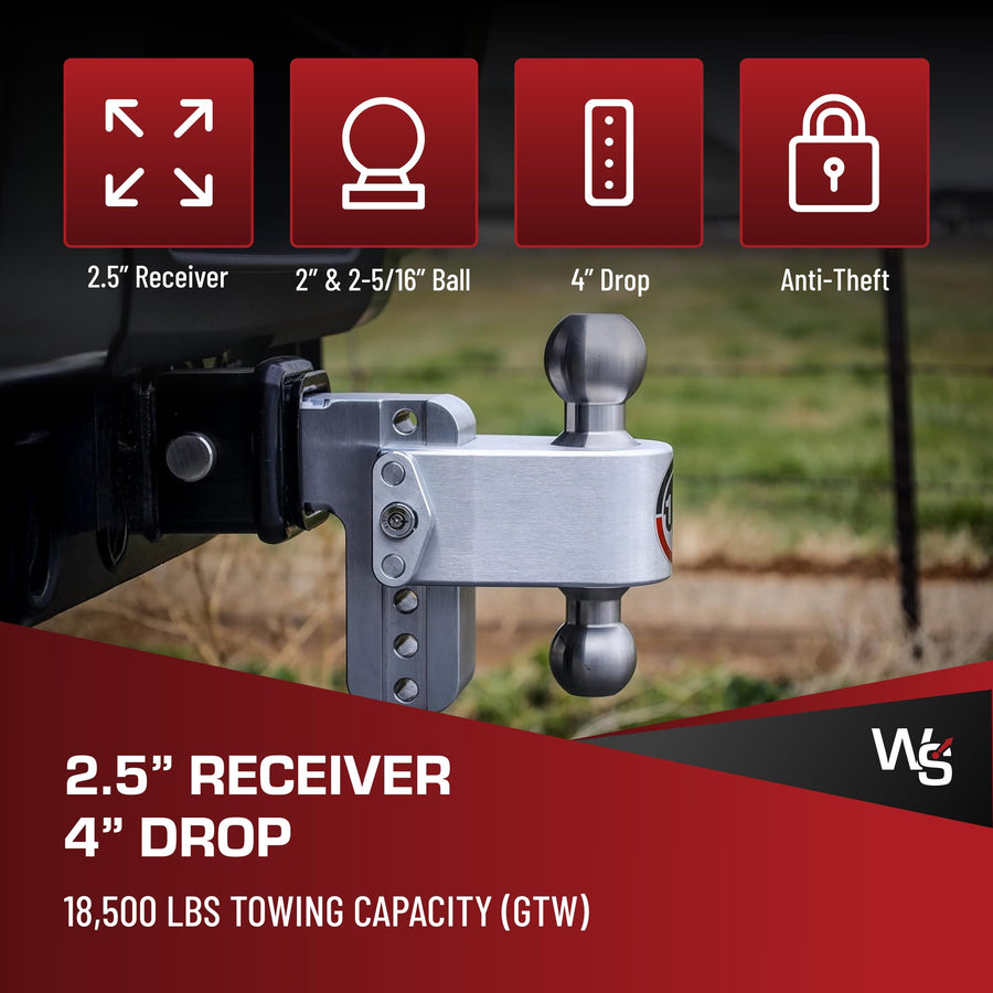 Weigh Safe Adjustable Trailer Hitch Ball Mount - Adjustable 4" Drop Hitch for 2.5" Receiver - Premium Heavy Duty Aluminum Trailer Tow Hitch w/ Stainless Steel Tow Balls (2" & 2 5/16") - 18,500 lbs GTW