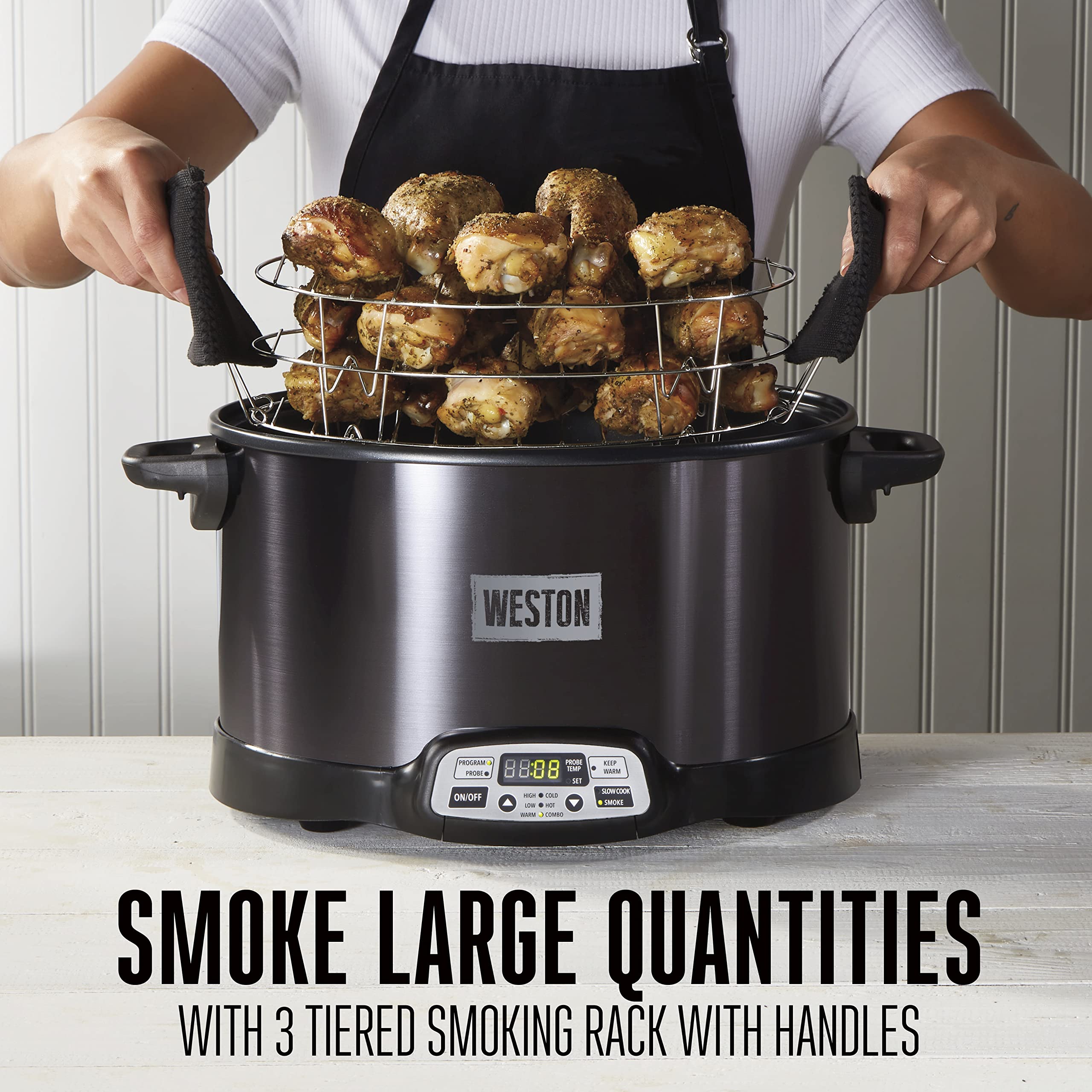 2-in-1 WESTON BRANDS Indoor Electric Smoker & Programmable Slow Cooker, 6 Quart, With 3-Tier Smoking Rack for Meat, Cheese and More, Dishwasher Safe Crock, Temperature Probe, Black (03-2500-W)
