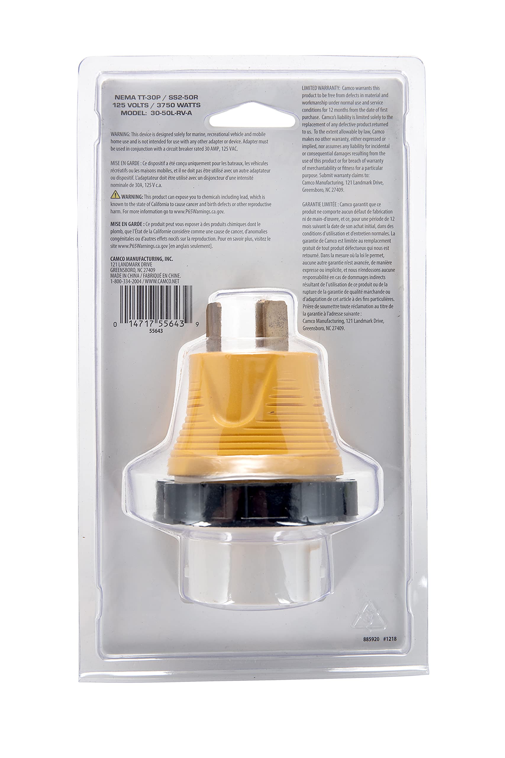 Camco 30A-50A Power Grip RV Locking Adapter | Compatible with 50-Amp Locking Plugs | Weatherproof Connection | 125 Volt / 3750 Watt (55643)