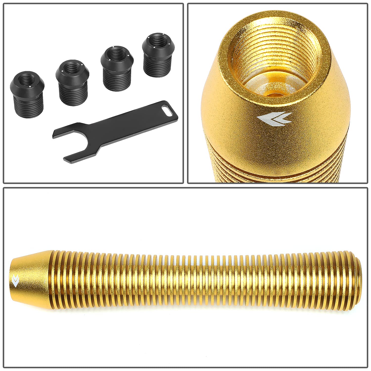 Universal Aluminum Shift Knob NRG Innovations SK-710GD with Thread Adapters, Heatsink Style Long Curvy Cylinder Lever, Gold