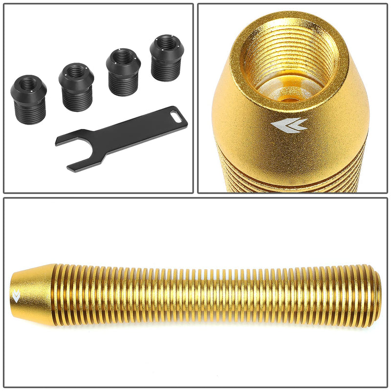 Universal Aluminum Shift Knob NRG Innovations SK-710GD with Thread Adapters, Heatsink Style Long Curvy Cylinder Lever, Gold