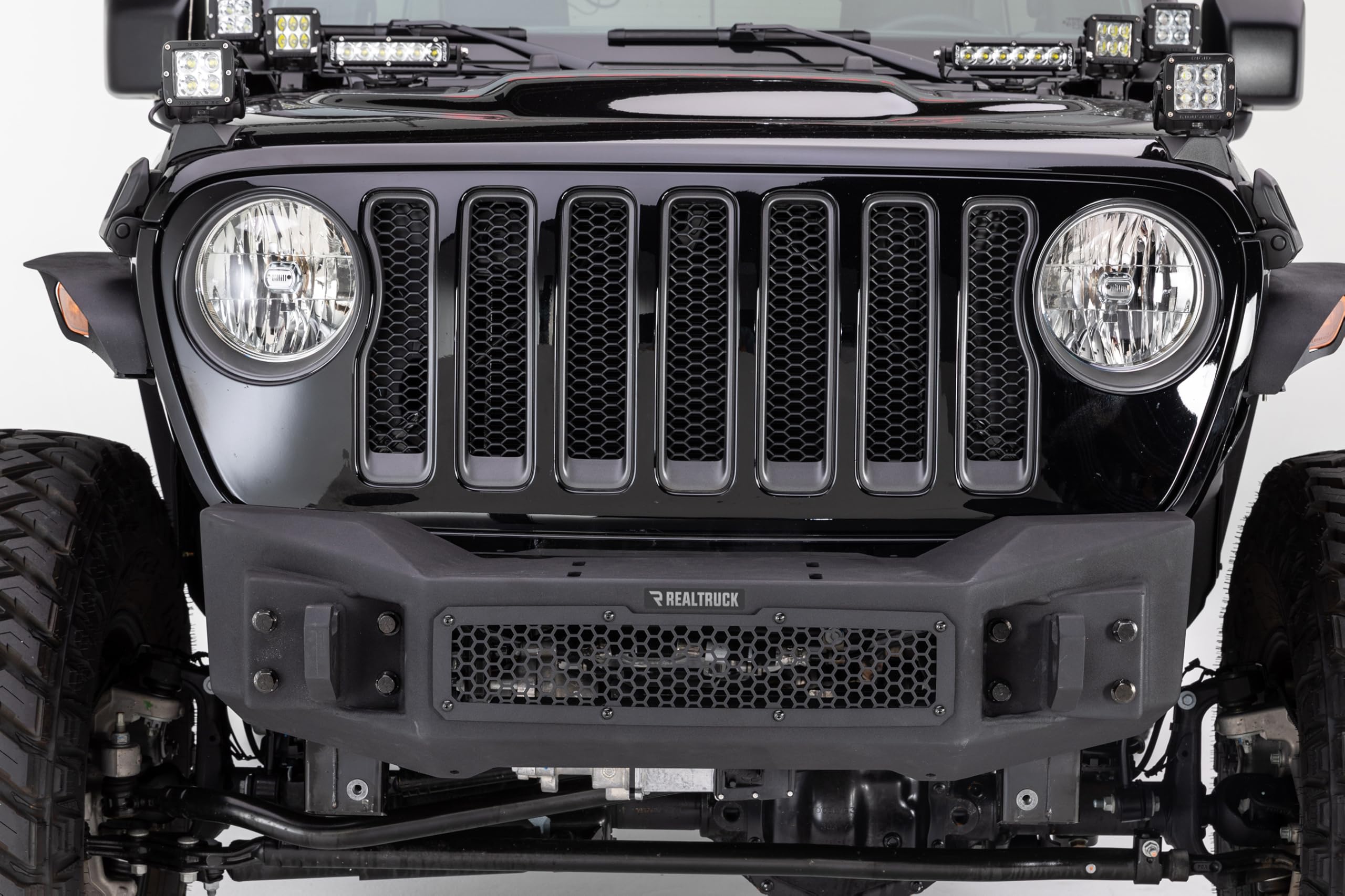 Rockline Go Rhino Stubby Front Bumper | Galvanized Steel, Textured Black | 331100T | Fits 2007 - 2024 Jeep Wrangler JL, JLU, JK, JKU, Gladiator JT, 2-Door or 4-Door