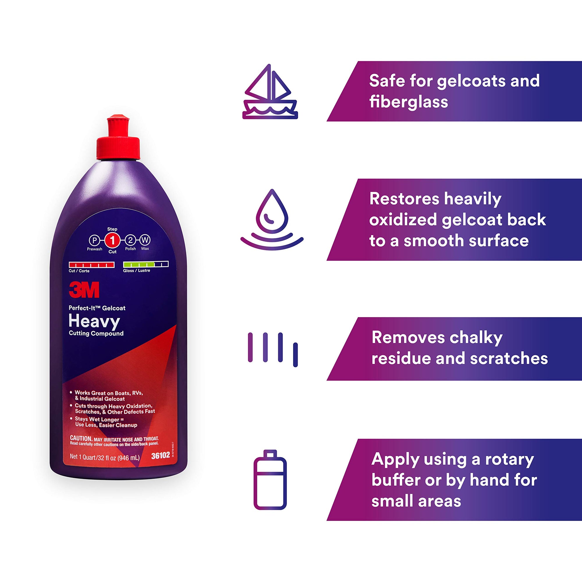 3M Heavy Cutting Compound Perfect-It Gelcoat, 1 Quart – Fast Cutting Marine Oxidation Remover for Boat & RV Gelcoat Surfaces