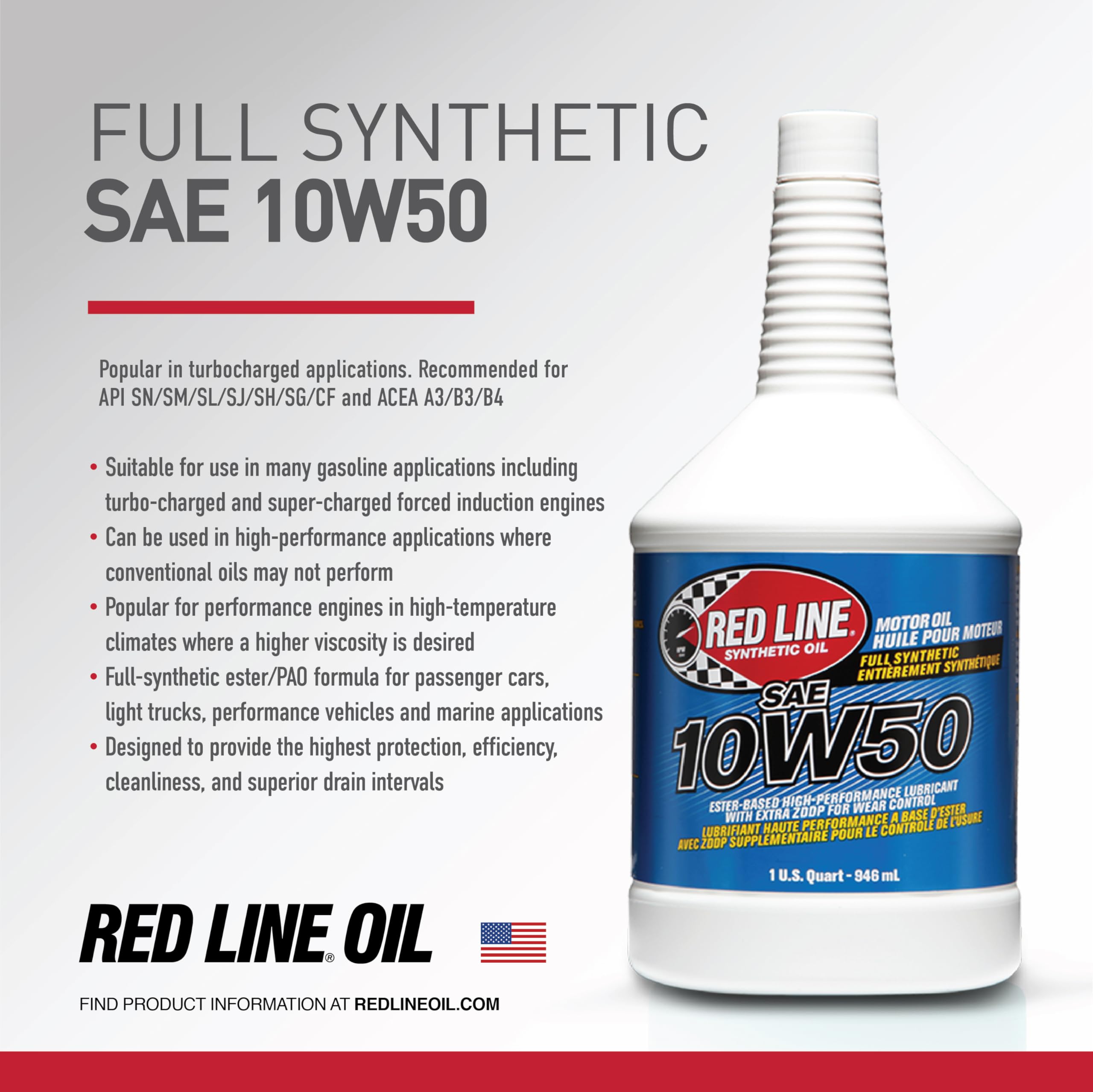10W50 Red Line SAE Fully Synthetic Motor Oil - 1 Quart