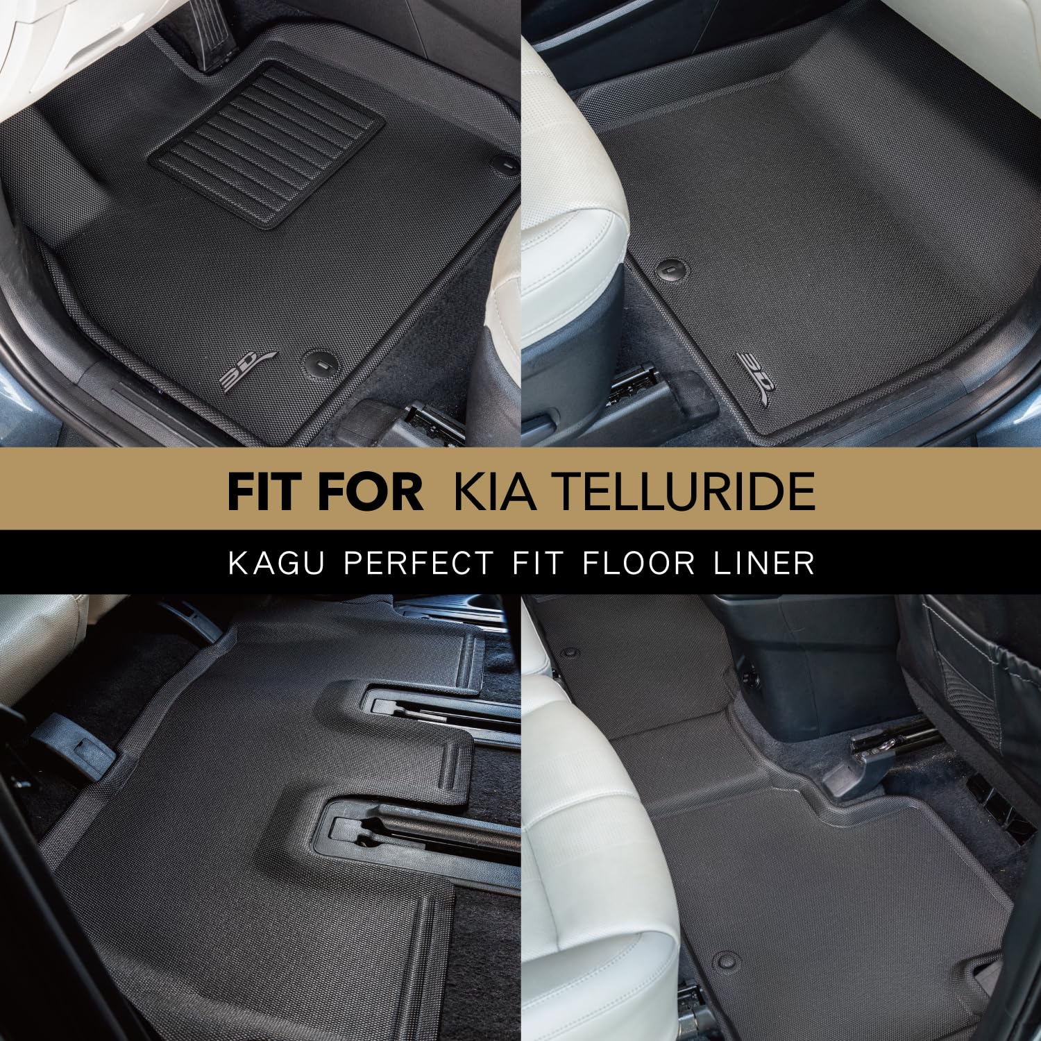 Kagu Floor Mat (Black) 3D MAXpider Custom Fit Compatible with Kia Telluride 8-Seat 2020-2024 - Full Set