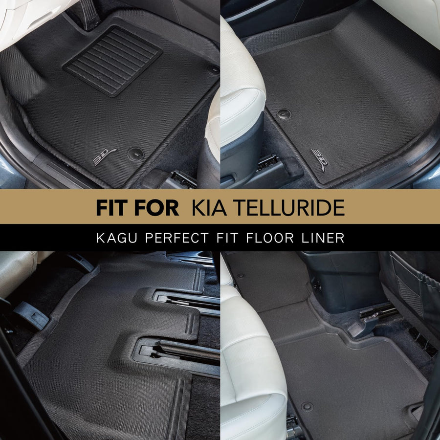 Kagu Floor Mat (Black) 3D MAXpider Custom Fit Compatible with Kia Telluride 8-Seat 2020-2024 - Full Set