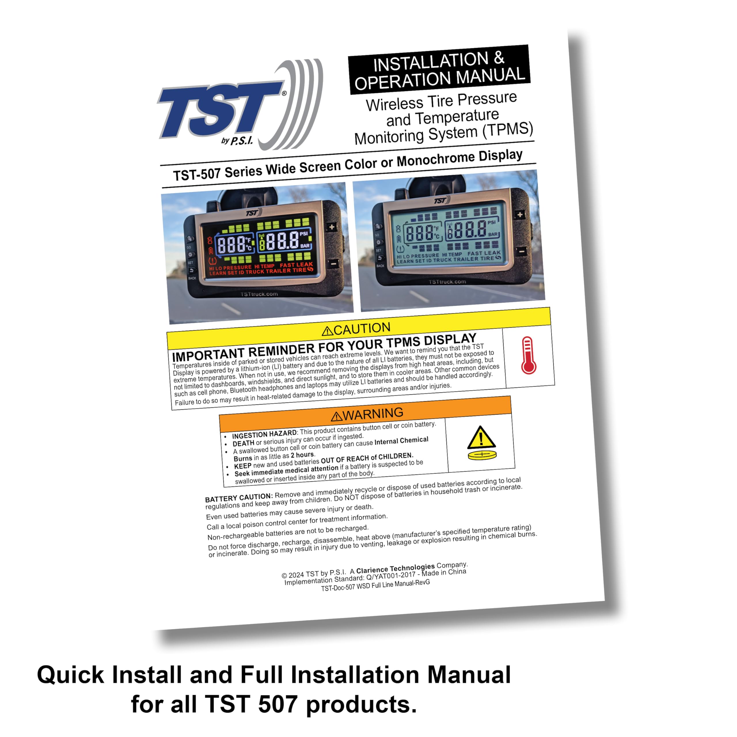 4 Sensor TST 507 Flow Through Tire Monitoring System with Monochrome Display - Handles Multiple Trailers