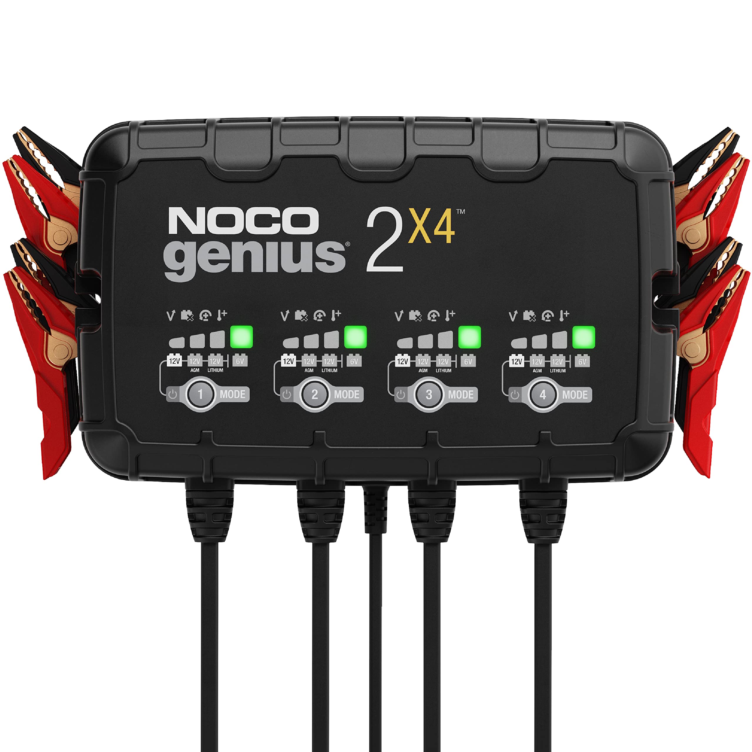 GENIUS2X4 NOCO: 8A 4-Bank Smart Battery Charger (2A/Bank) - 6V/12V Automatic Maintainer, Trickle Charger & Desulfator with Overcharge Protection & Temperature Compensation – for Lead-Acid & Lithium