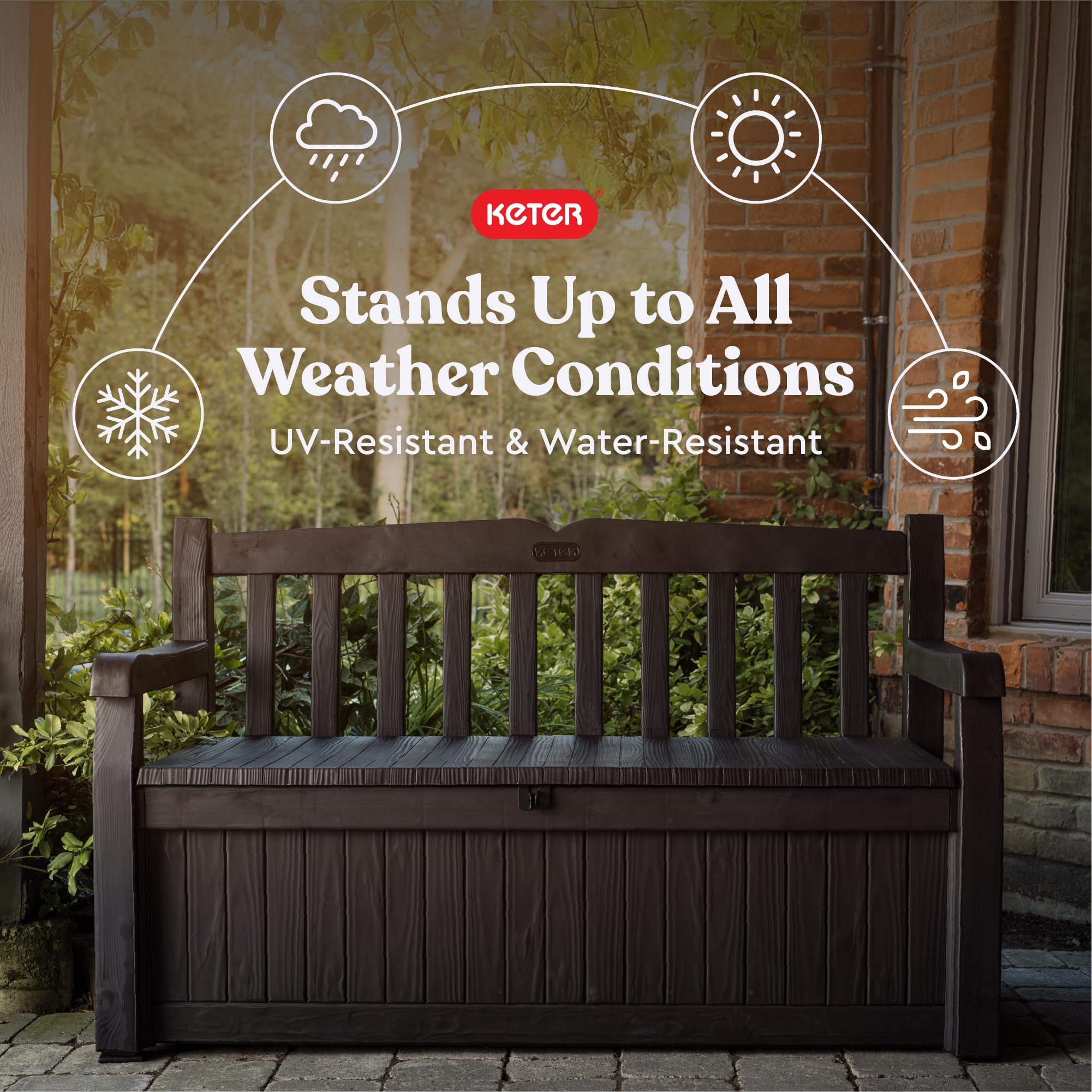 Keter 70 Gallon Solana Storage Bench Deck Box for Patio Furniture, Front Porch Decor and Outdoor Seating – Perfect to Store Garden Tools, Brown/Brown