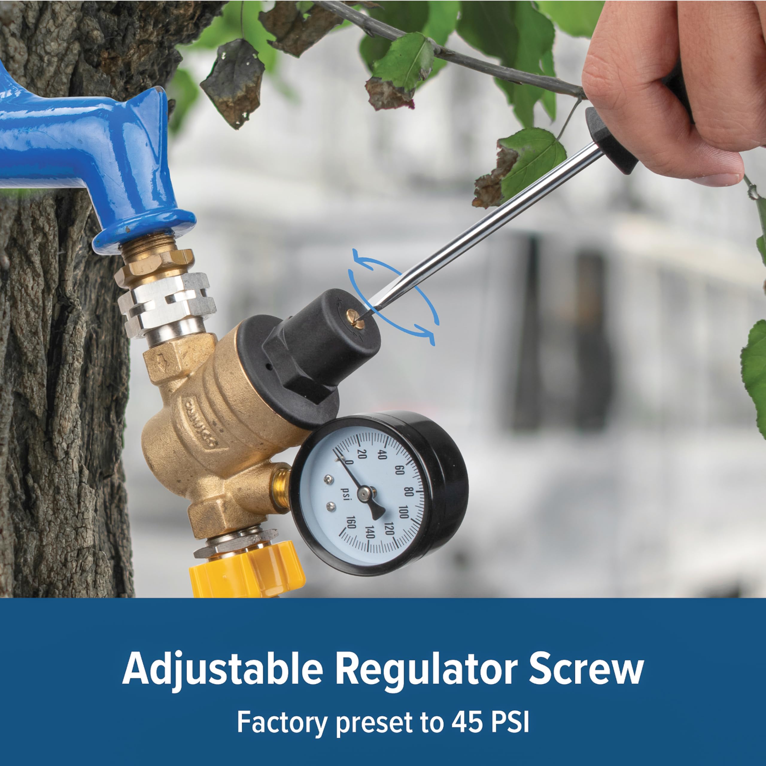 Camco Brass Adjustable RV/Marine Water Pressure Regulator | Help Stop Damage to RV/Marine Appliances, Plumbing Fixtures, and Hoses | Features Standard Garden Hose Threads for Simple Hookup | (40058)