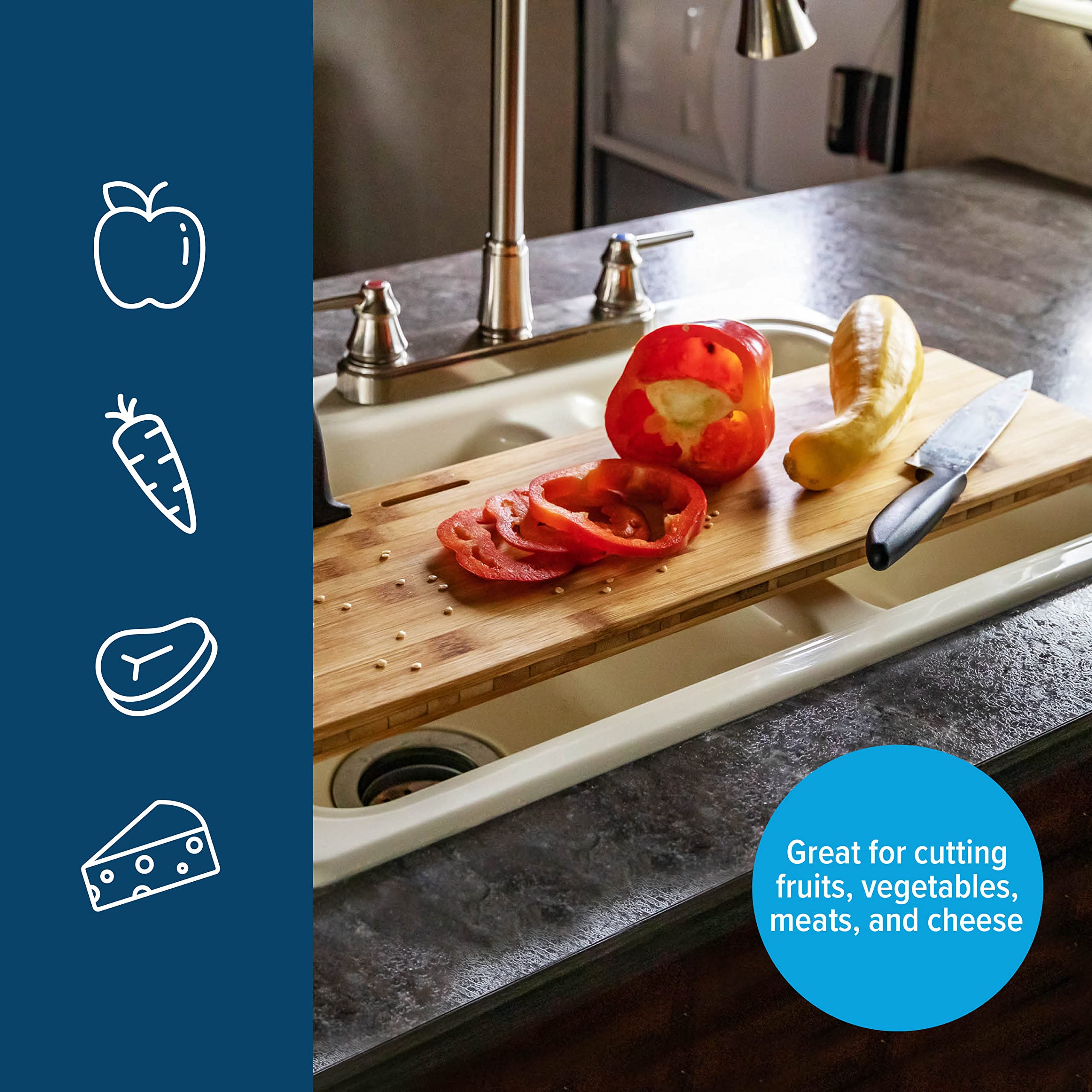 Over The Sink Camco RV/Marine Cutting Board | Features Adjustable Non-Slip Feet, Built-in Knife Slots, and a Durable 3-Ply Bamboo Construction | 24-inches x 8-inches (43543)