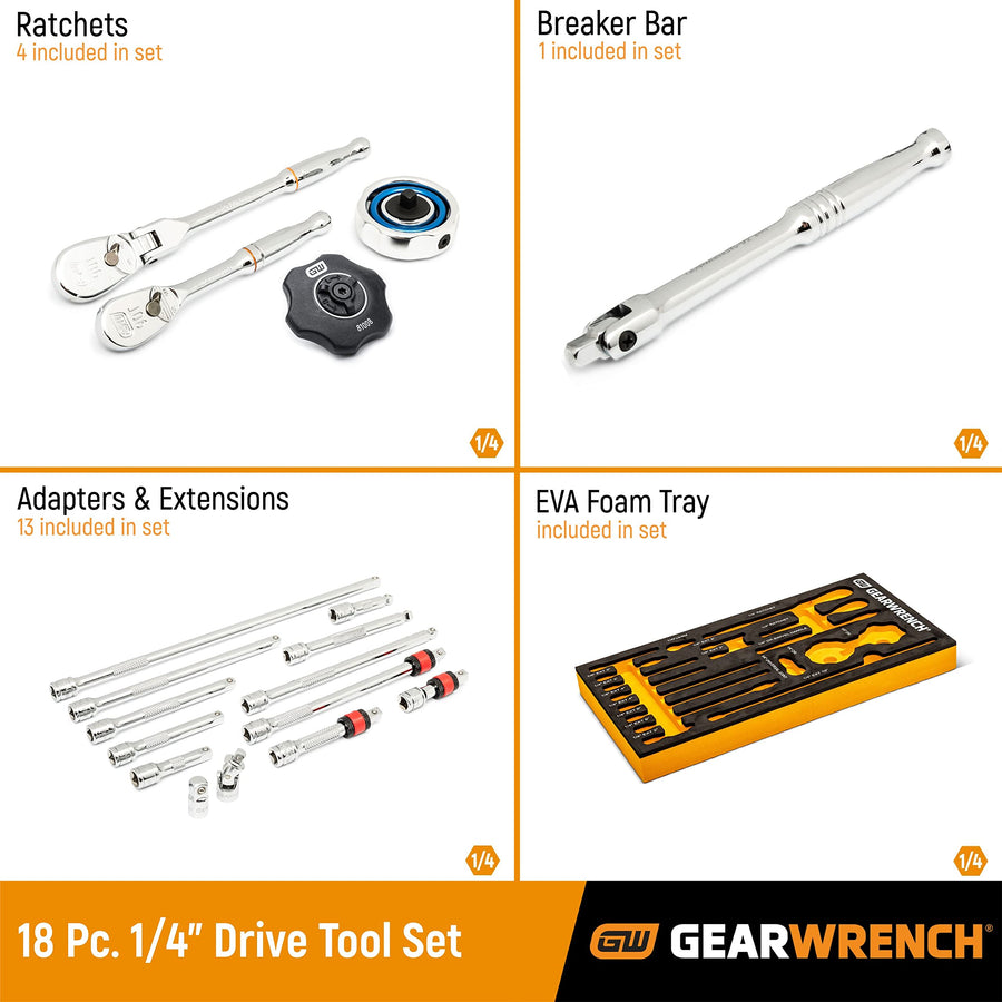 1/4" GEARWRENCH 90T Ratchet & Drive Tool Set with EVA Foam Tray - 86520 18 Piece
