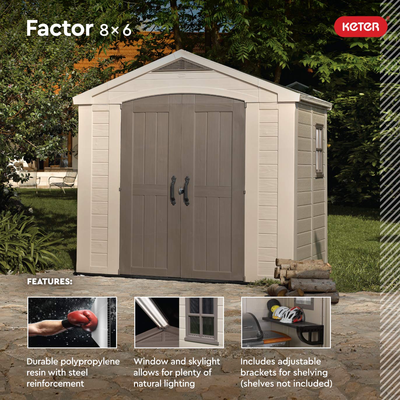 Keter Large Factor (8x6 ft) Resin Outdoor Storage Shed for Patio Furniture, Lawn Mower, Garden Accessories Yard Tools, and Pool Toys, Taupe