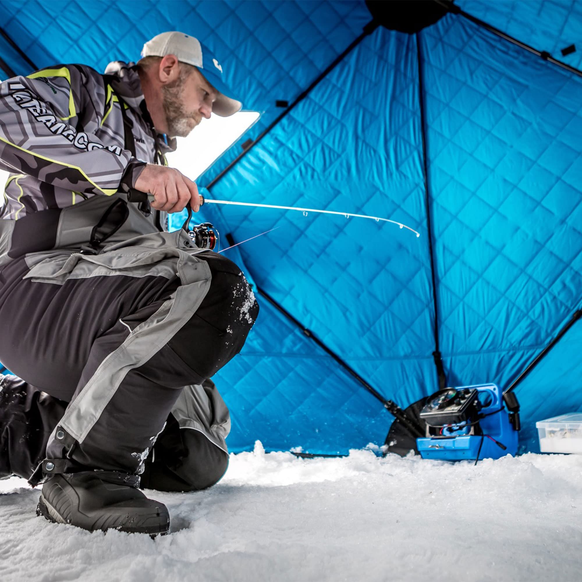 Portable CLAM C-890 Ice Fishing Tent - 11.5x11.5 ft Thermal Hub Shelter with Easy Setup Anchors, Durable Tie Ropes & Carry Bag