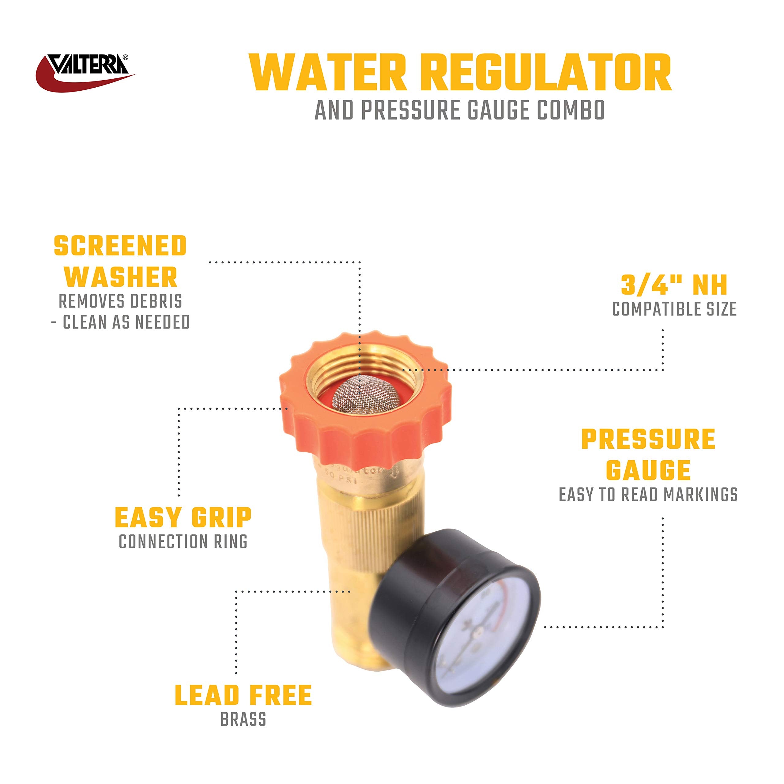 Brass Water Regulator/Water Pressure Gauge Combo Valterra A01-1124VP (Carded)