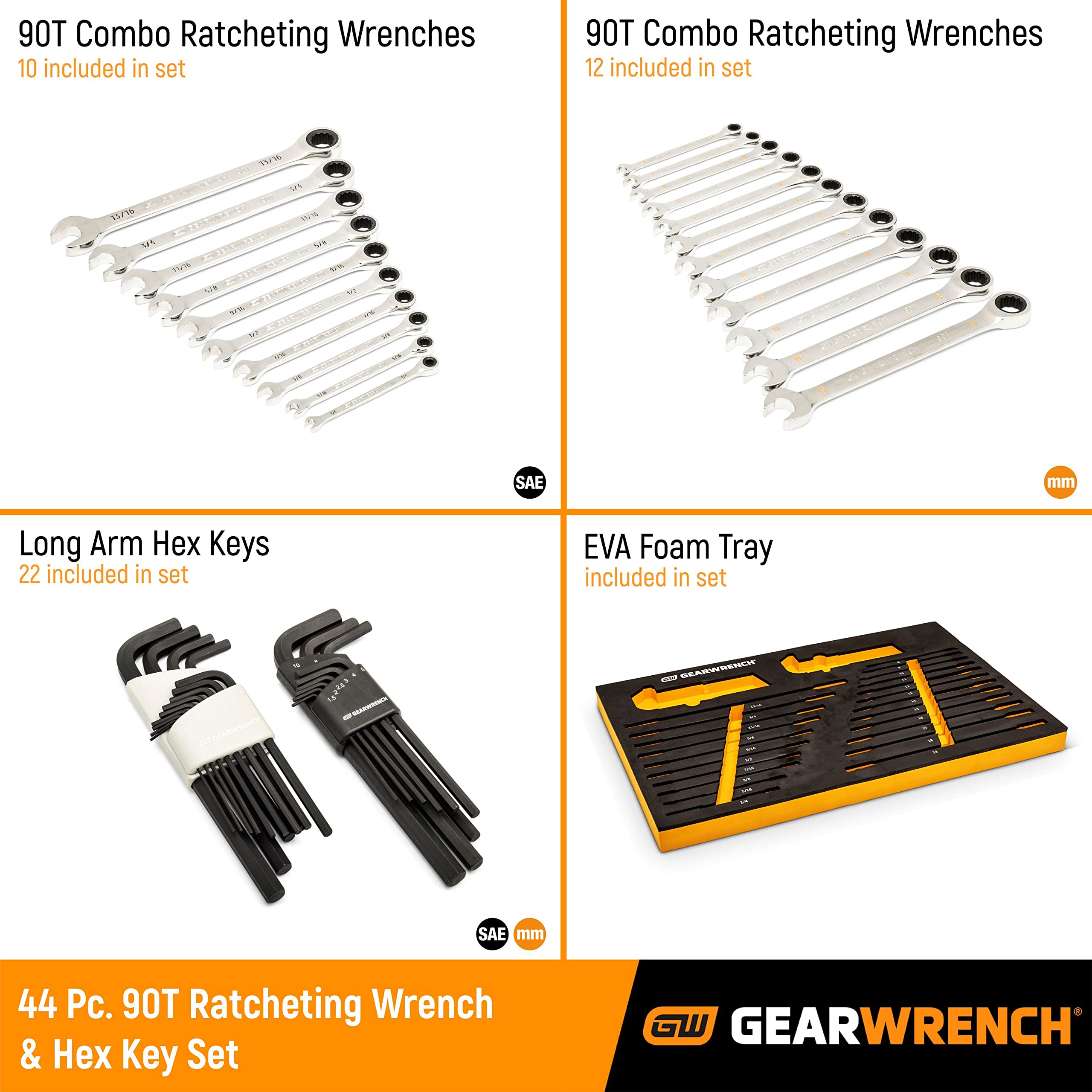 90-Tooth GEARWRENCH 44 Piece SAE/Metric Ratcheting Wrench and Hex Key Set - 86528