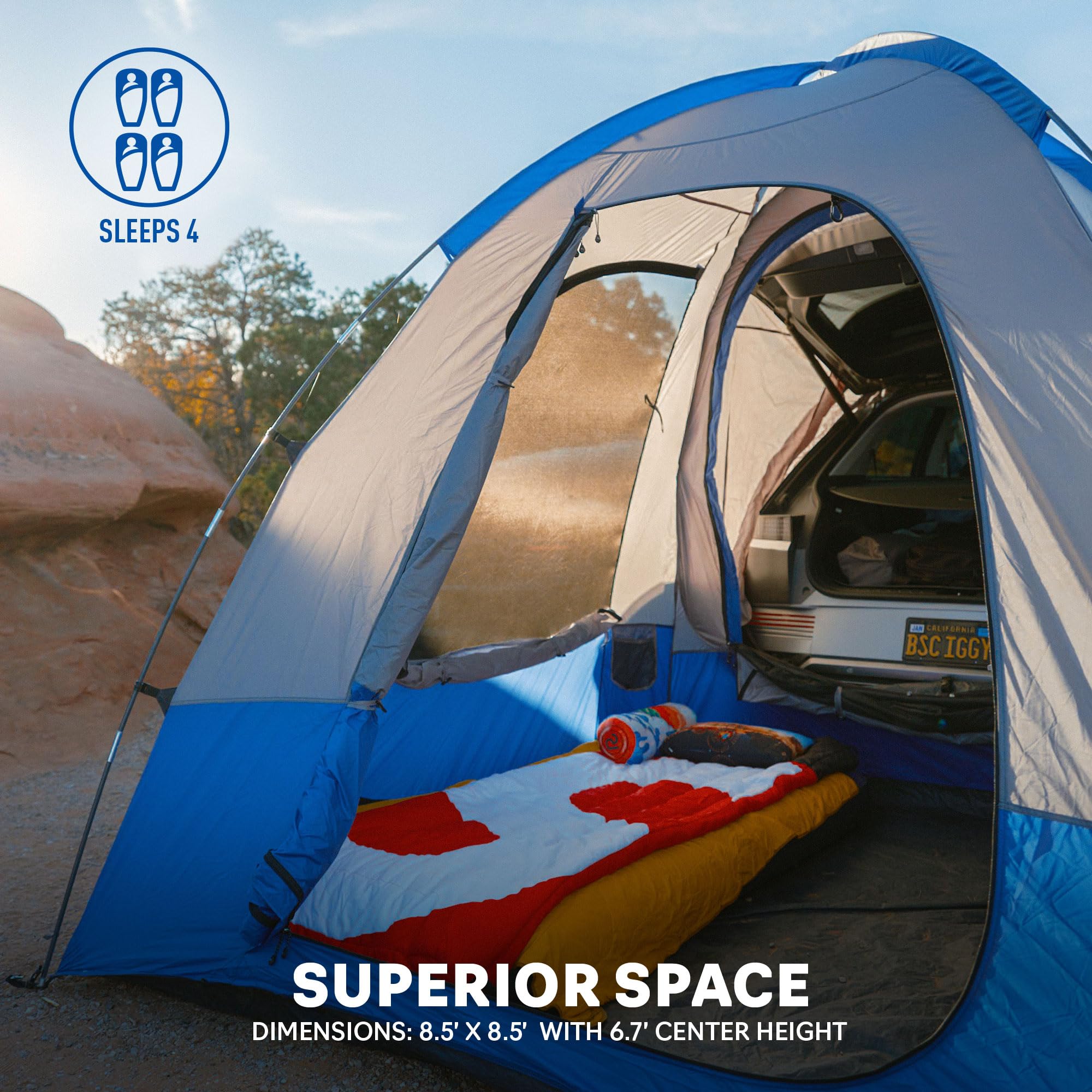 Sportz Napier Hatchback and Small CUV Tent 8'x8' Waterproof Camping Tent with Awning 4 Person Blue/Grey Car Tent