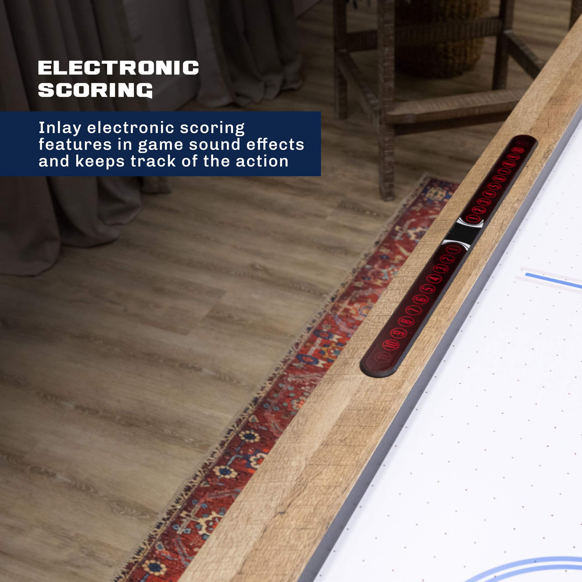 Brookdale American Legend Air-Powered Hockey Table with Rustic Wood Grain Finish, Angled Legs and Turnbuckle Accents Brown, 75.31"L x 38.98"W x 8.5"H