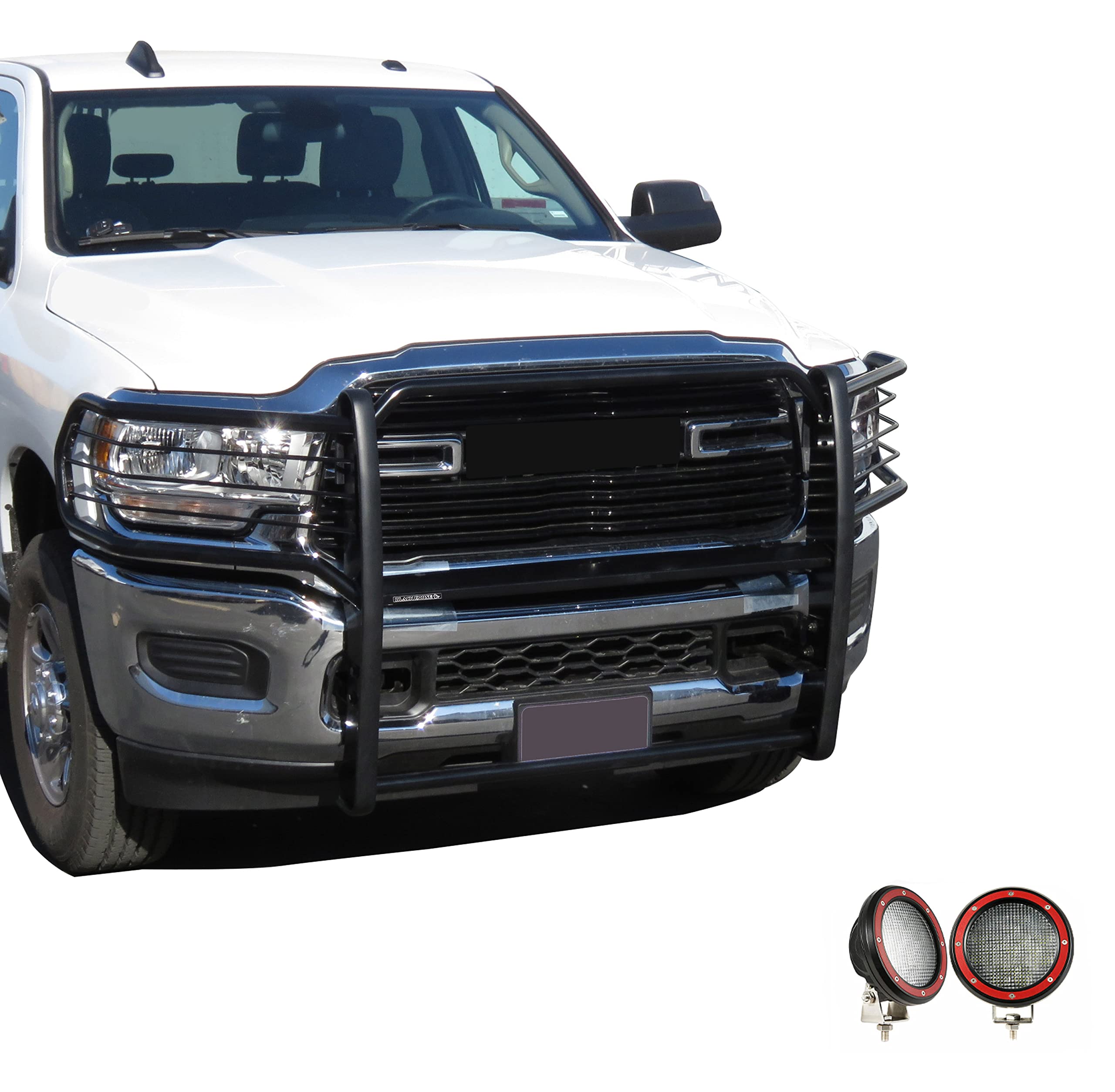 Bumper Guard Black Horse Grille brush Modular Come With Pair of 5.3" Dia.LED Lights with Red Trim Rings Compatible with 2019-2024 Ram 2500|2019-2024 Ram 3500-17DG113MA-PLFR
