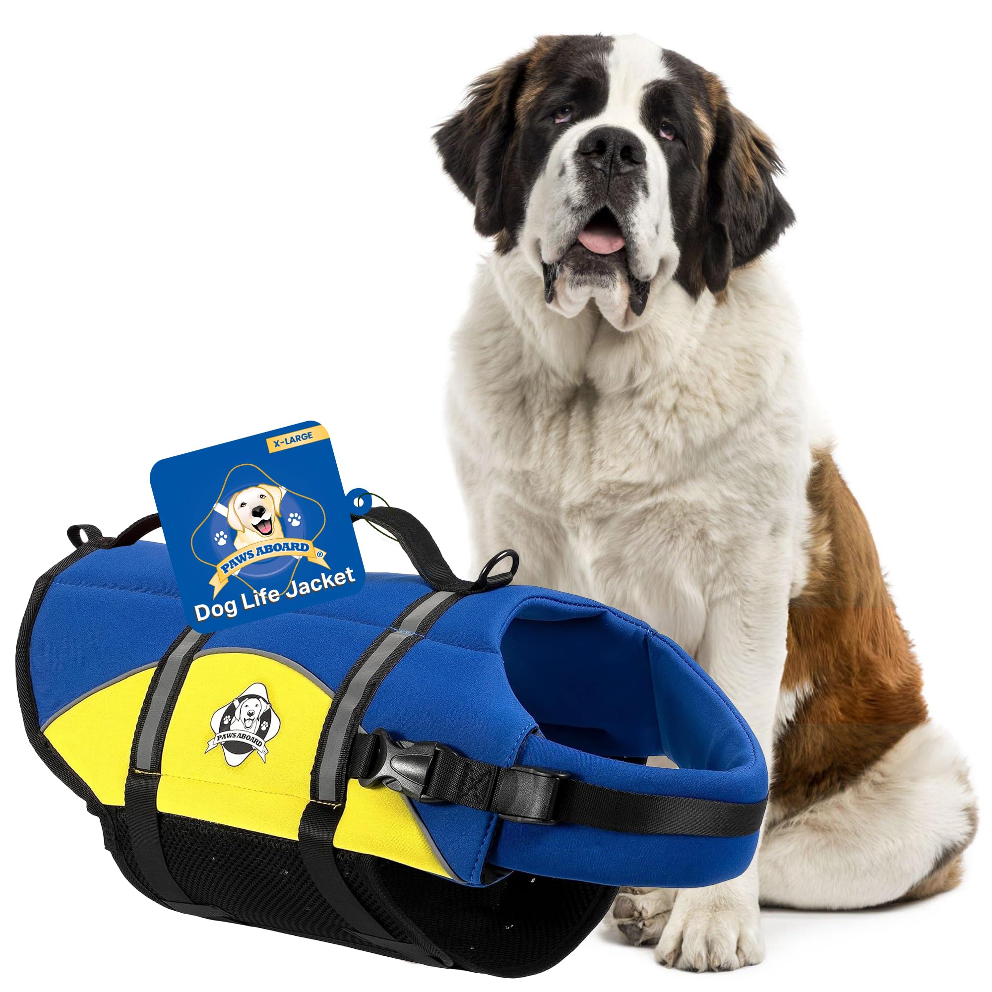 Dog Life Jacket Paws Aboard - Swimming Vest for Dogs, Adjustable, Reflective, Comfortable, Multiple Colors, Patterns, XX-Small to Extra Large Dog Swim Vest with Handle (Blue & Yellow, X-Large)