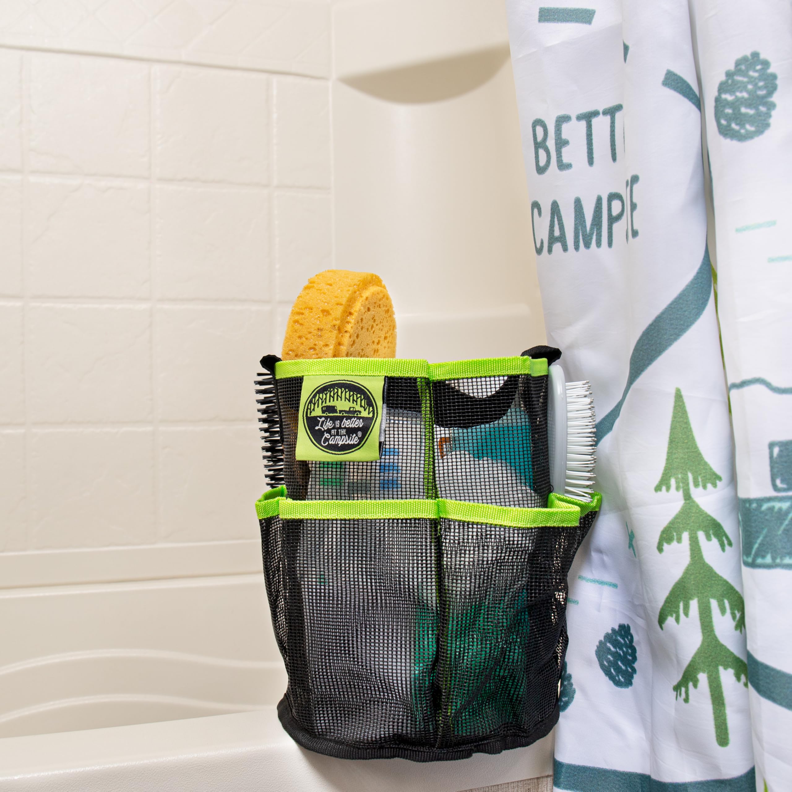 Camco RV-Sized Shower Curtain, Life is Better at The Campsite Features Map Design - Sized to Fit Most RV Showers - Includes (12) Plastic Rings (53245)