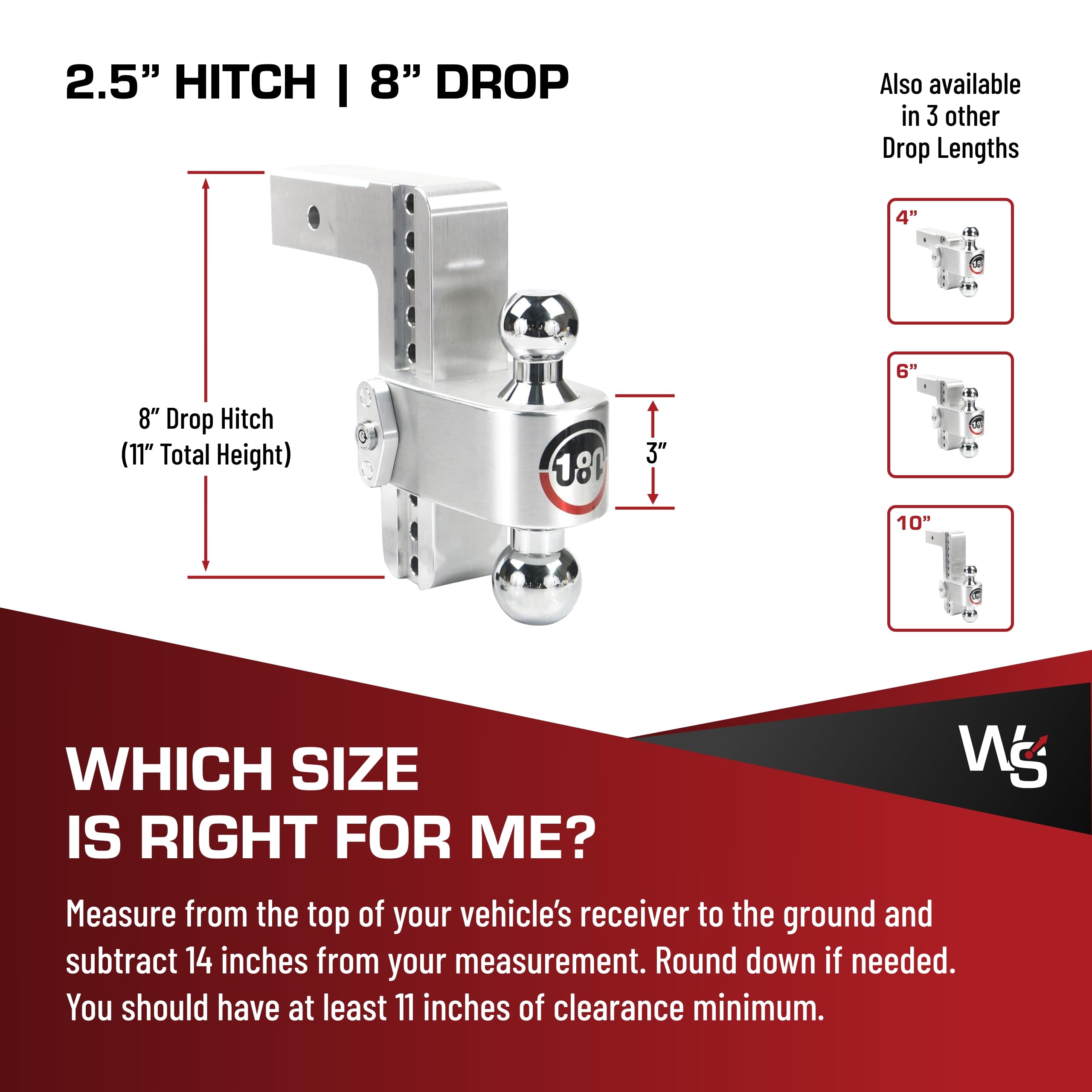 Weigh Safe Adjustable Trailer Hitch - 180-Degree Trailer Hitch for Towing - Compatible with 2.5" Receivers - 8" Drop, Chrome-Plated Tow Balls, 12,500 GTW, 2-Piece Lock Set