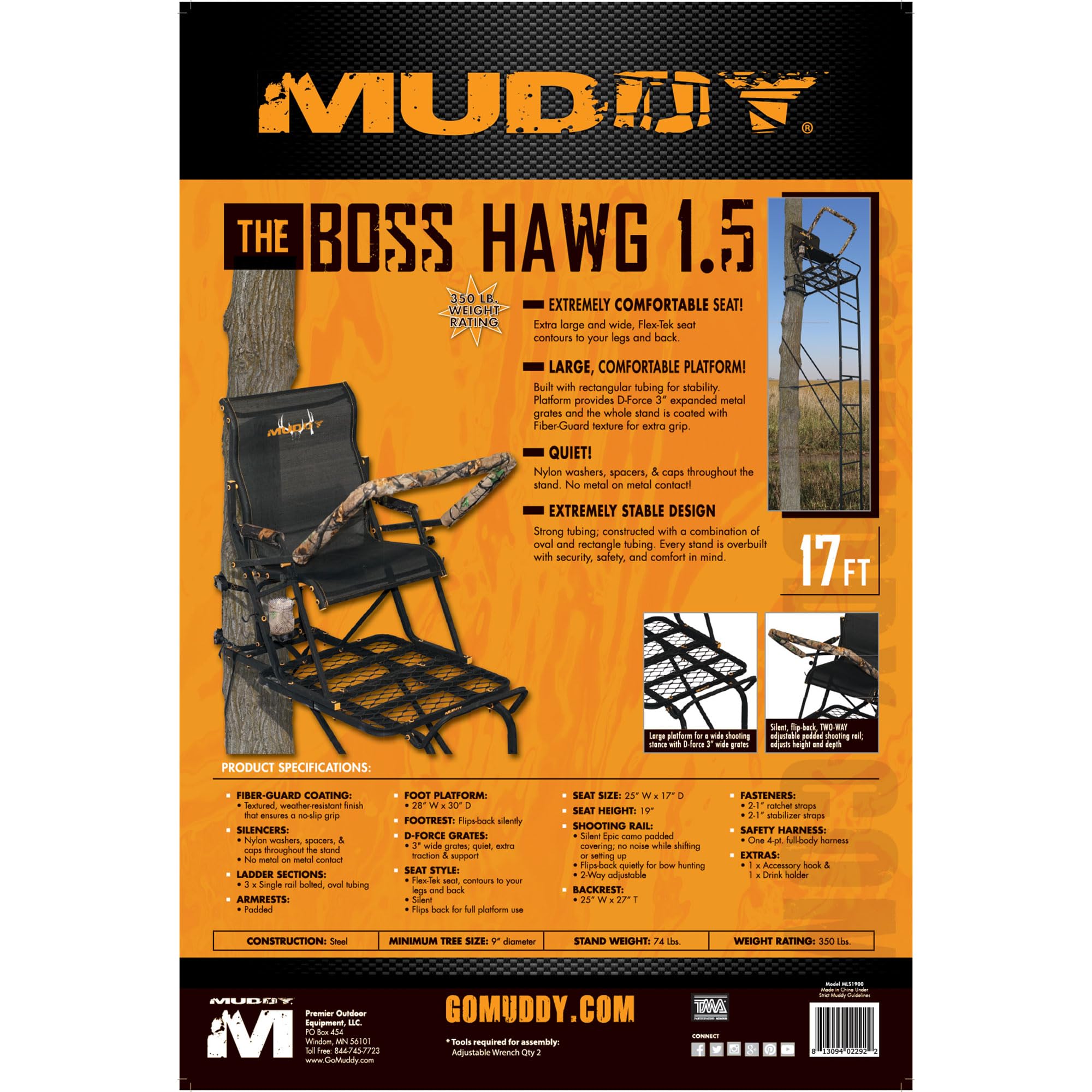 Muddy 1.5 Boss Hawg Deer Hunting Ladderstand, 17 Foot 1 Person Climbing Tree Stand with Lumbar Seat and Expanded D-Force Metal Platform