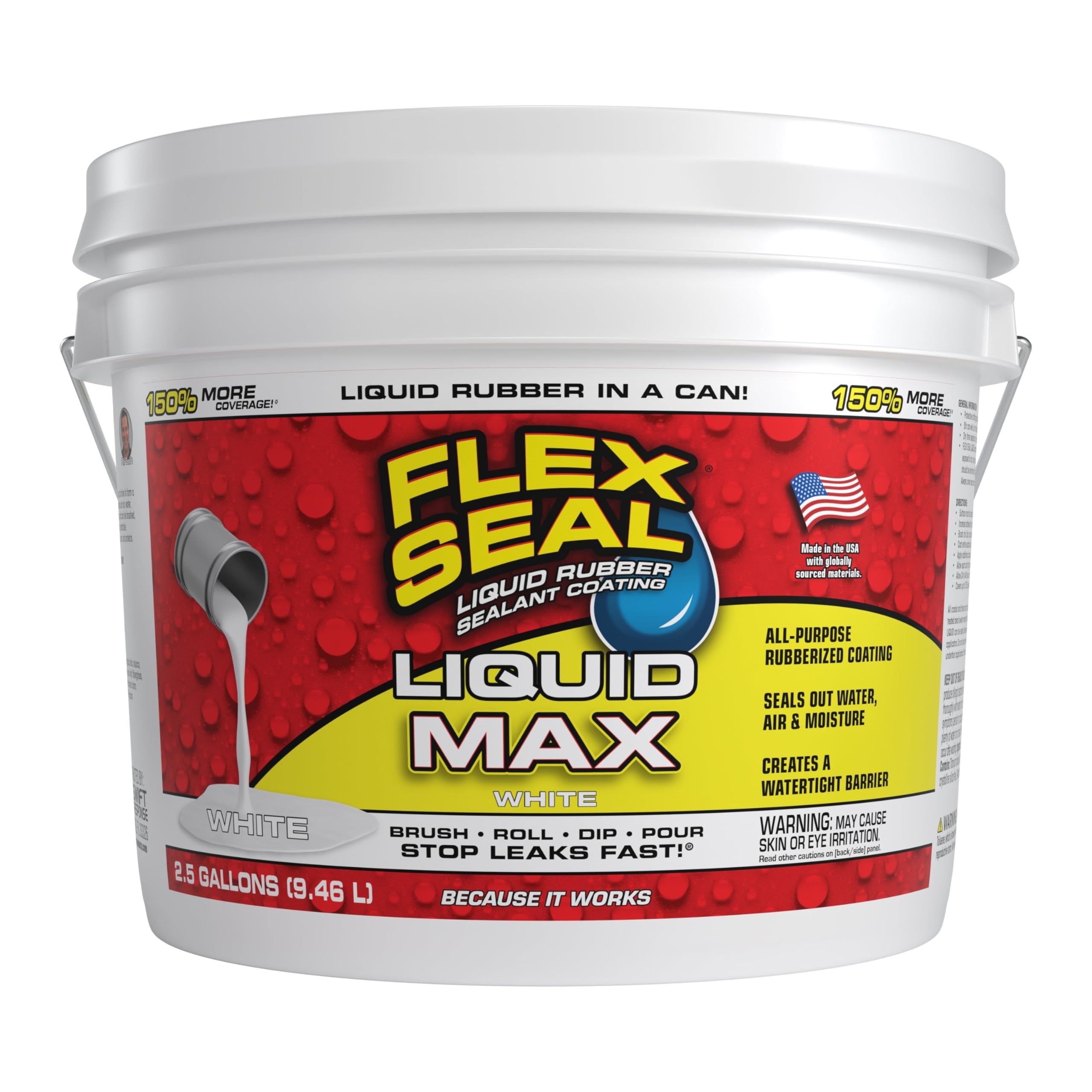 Flex Seal Liquid, Liquid Rubber Coating Sealant, Waterproof, Flexible, Breathable, UV Resistant, Roof Repair, Basements, RV, Campers, Trailers, Marine, EPDM, MAX, White, 2.5 Gallon