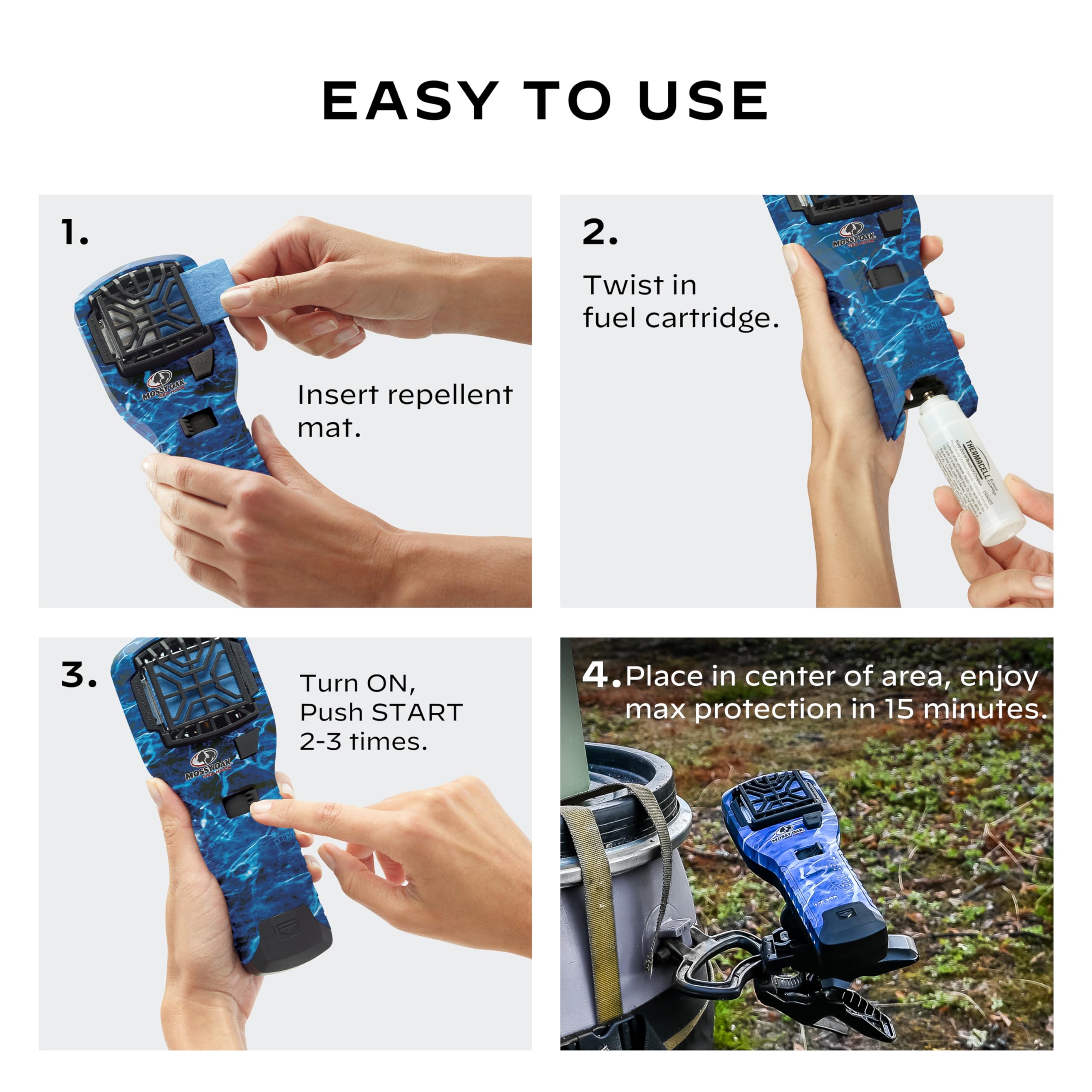 Mosquito Thermacell Portable Repeller Bundle Mossy Oak; Fishing Edition; Includes 12-Hour Refill, Belt Clip & Multipurpose Clamp; 15 Foot Zone of Protection; Mosquito Repellent for Outdoor Adventure