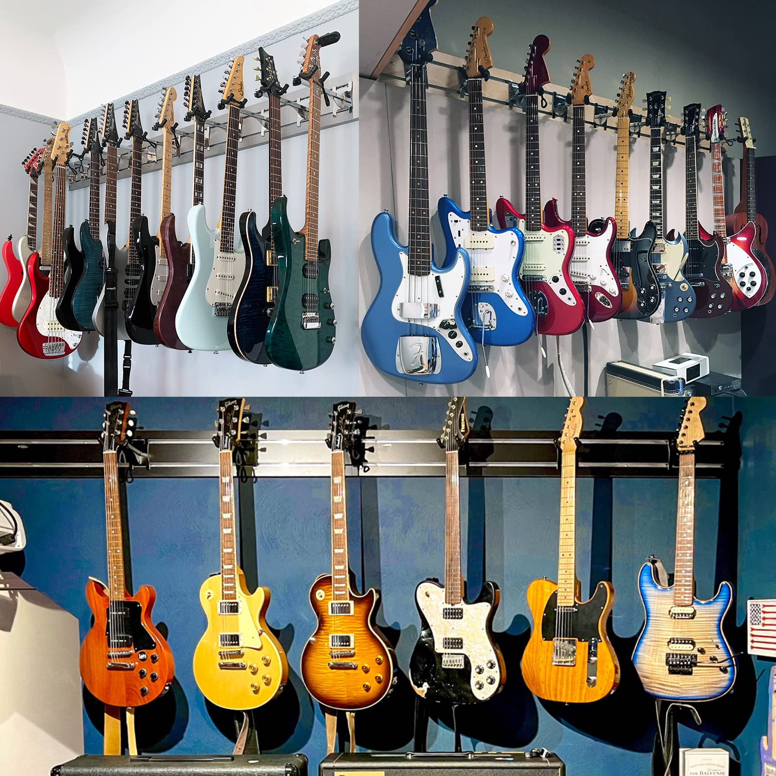 Guitar Wall Mount Horizontal + 8 Guitar Hooks: Guitar Hanger & Guitar Rack Wall Mount Guitar Holder Stand, Ukulele Hangers, Banjo Wall Mount Guitar Accessories & Violin Organizer -95” Black