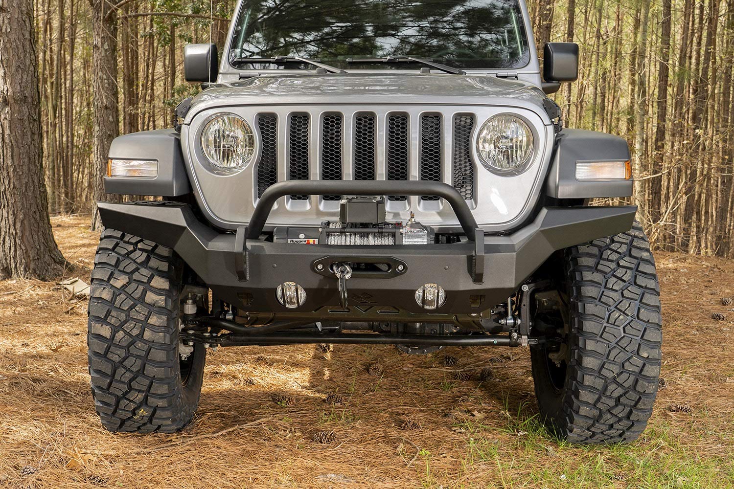Front Rugged Ridge HD Bumper for Jeep Wrangler/Gladiator | Full-Width, Steel, Black | 11540.31 | Fits 2007-2025 Jeep Wrangler JK/JL; 2020-2025 Jeep Gladiator JT