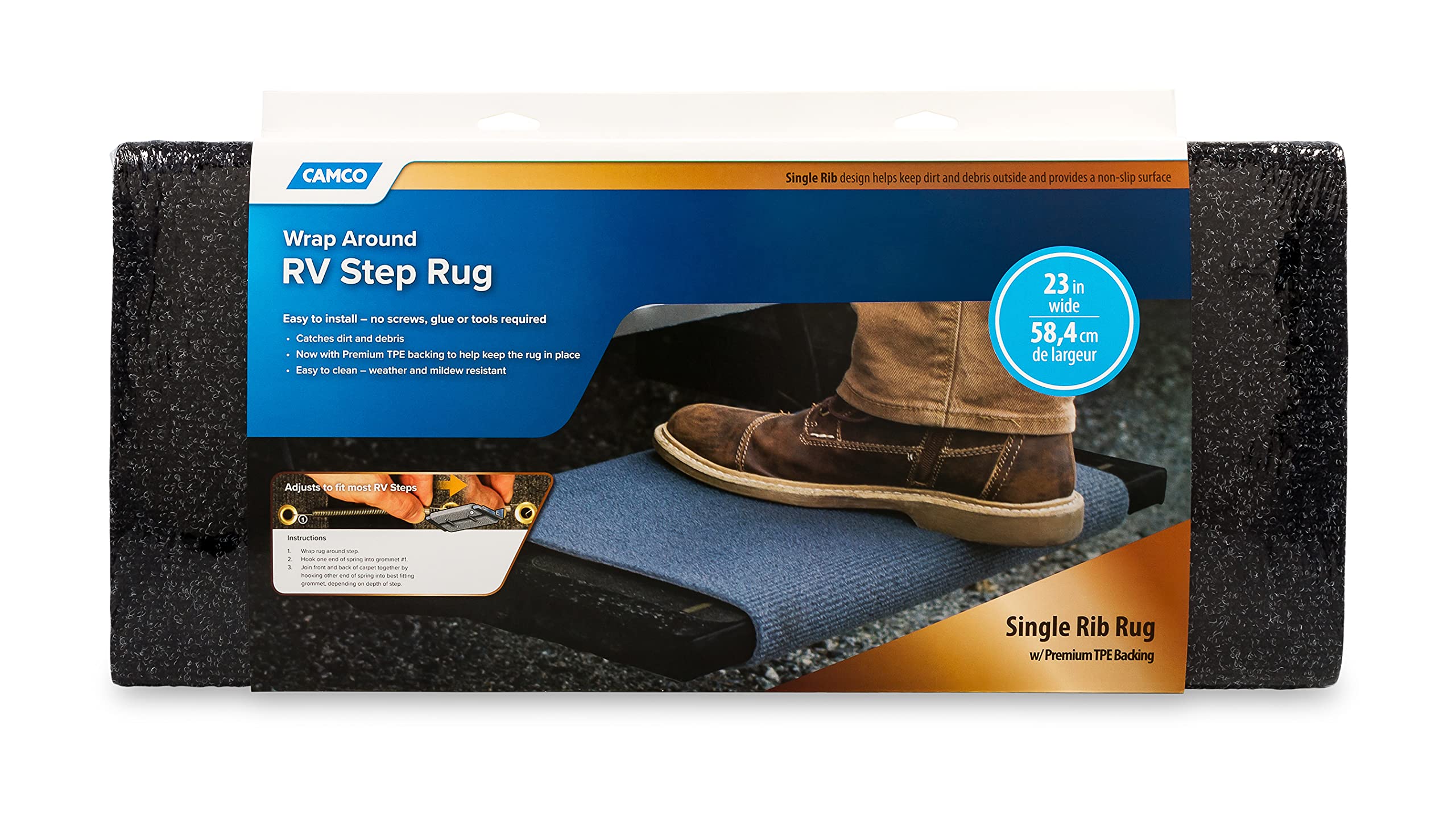 Premium Camco 42909 Wrap Around Black RV Step Rug (100% Polyester (22" x 23"))