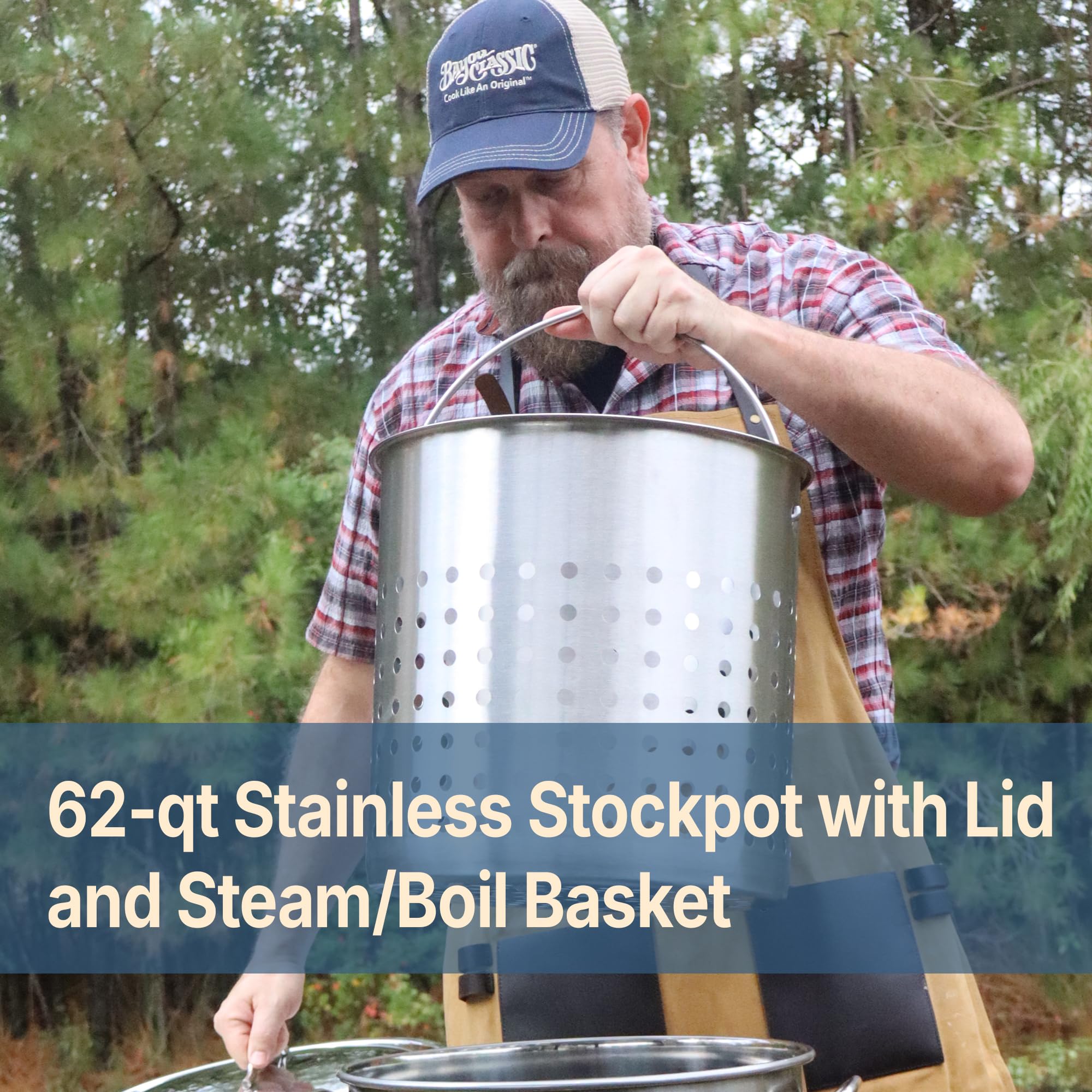 62 Quart Bayou Classic Stainless Steel Boil and Steam Cooker Kit with Lid, Basket, Single Jet, 10 PSI Regulator, 60 Inch Hose, Silver