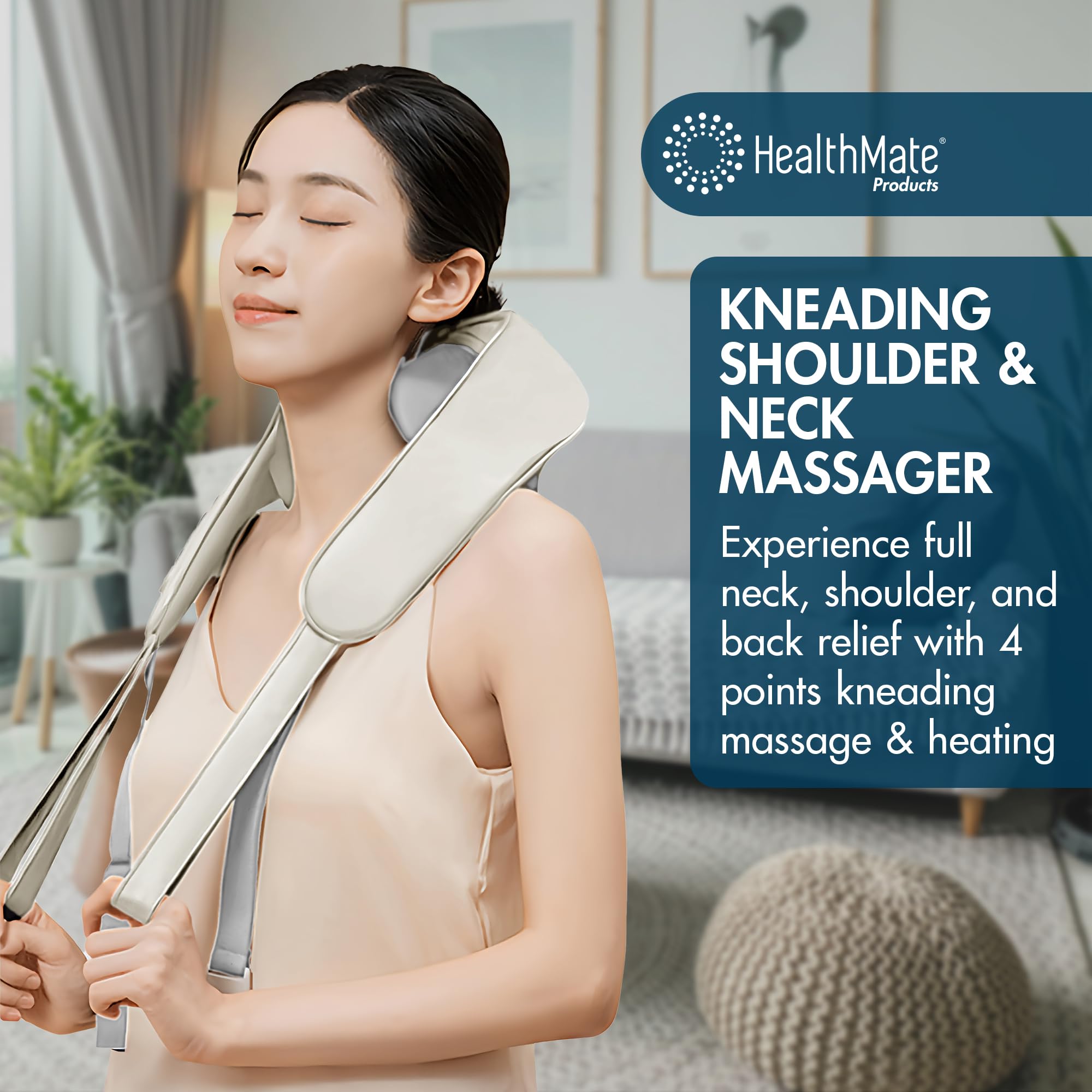 Kneading HEALTHMATE IN9532 Neck and Shoulder Massager for Pain Relief Deep Tissue 6D Shiatsu with Heat Rechargeable Cordless Back Massager for Home, Office, Car Use, Gifts
